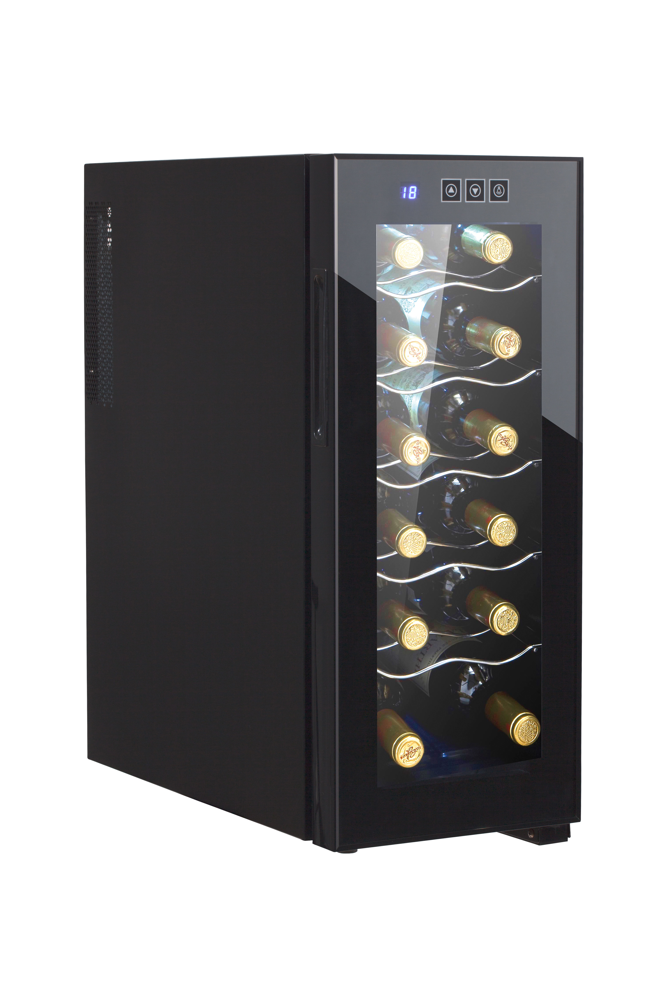 Vinoteca - AD 8075, Vinoteca 12 Botellas, 33 L, Temperatura 12 a 18 °C, 5 Estantes, Bajo Nivel Ruido, Clase A ADLER, 12 botellas, 33 Liter, Negro