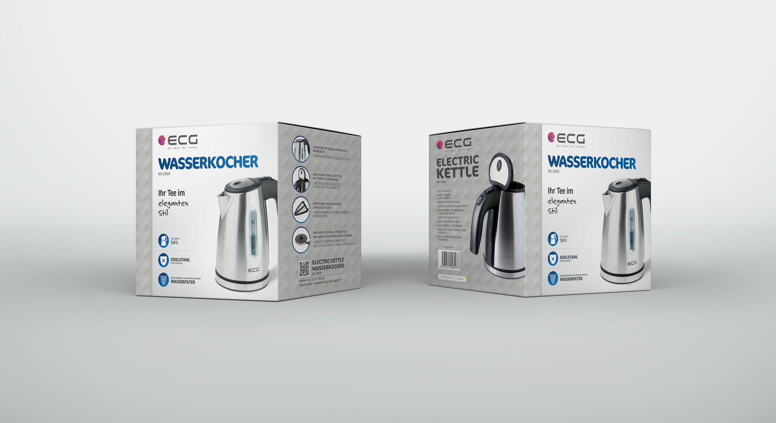 Zwei Kartons eines Wasserkochers. Die Kartons zeigen Bilder des Wasserkochers und Produktinformationen.
