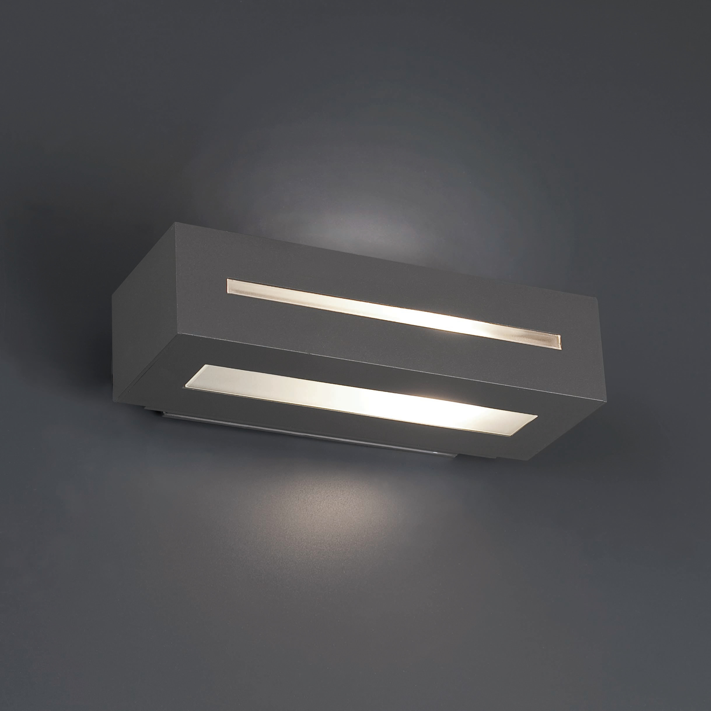 Eine graue, rechteckige Wandleuchte mit zwei horizontalen Lichtstreifen.