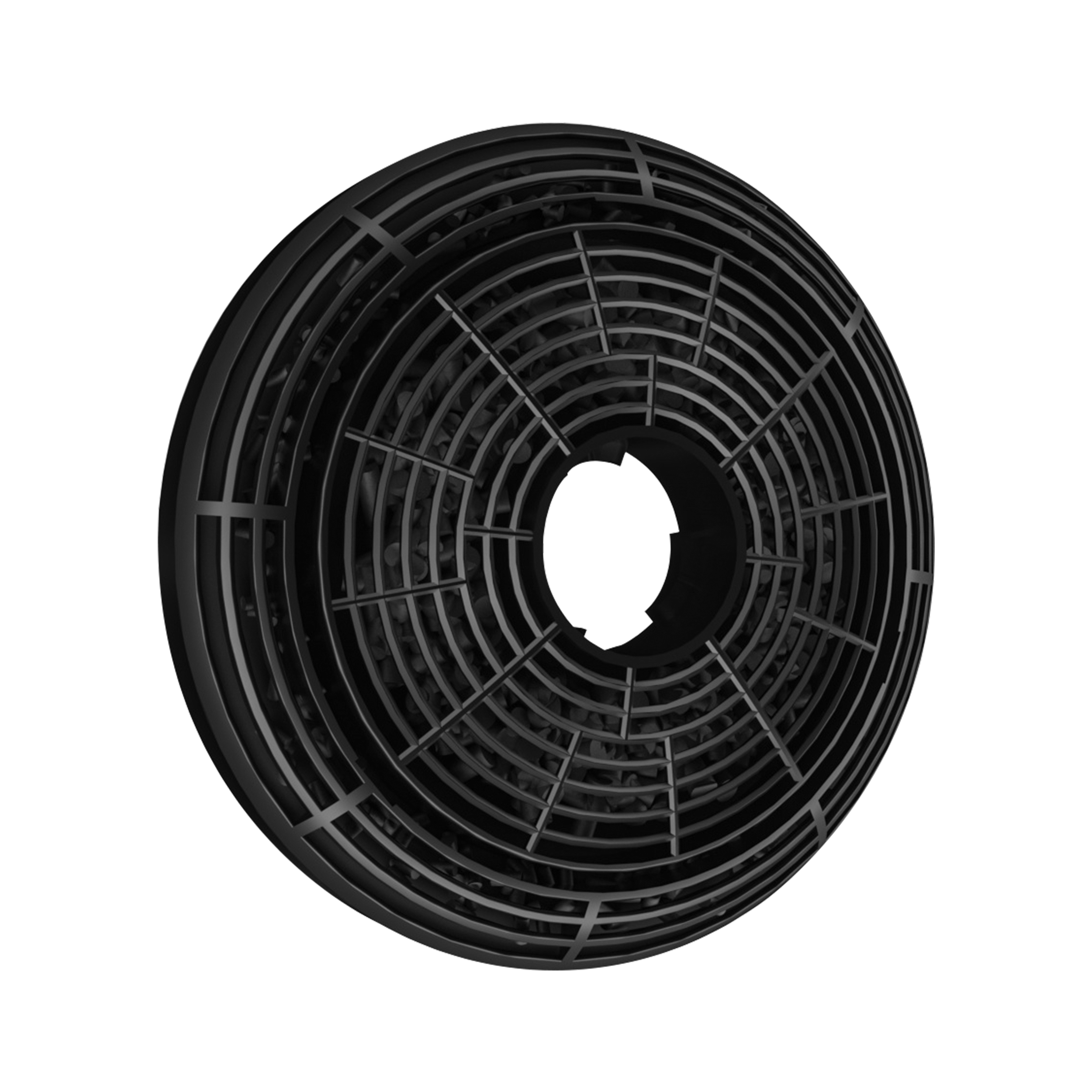 Cirkelvormig zwart filter, met een centraal gat, bestaande uit een rooster en wat koolstof lijkt te zijn.