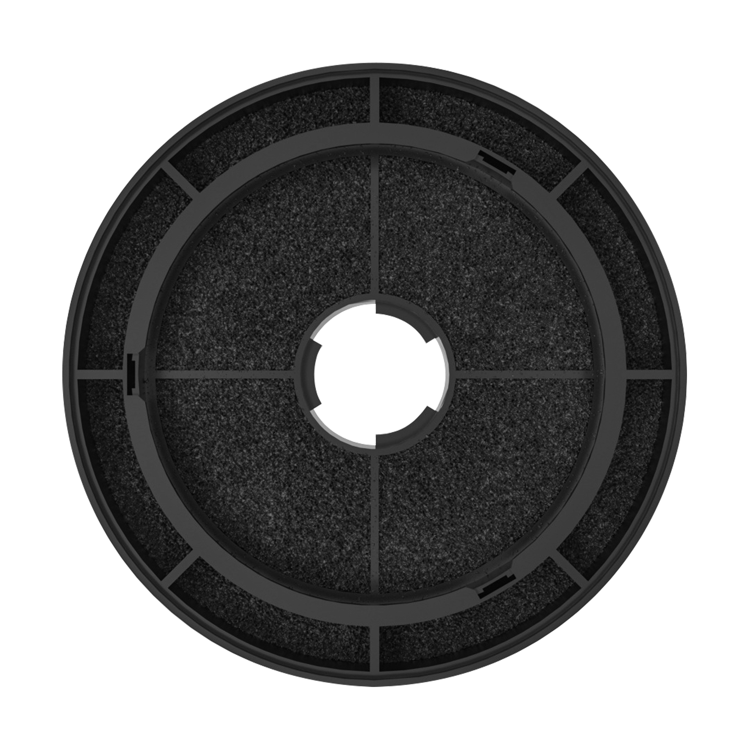 Filtre noir rond avec un motif de grille. Fond blanc.