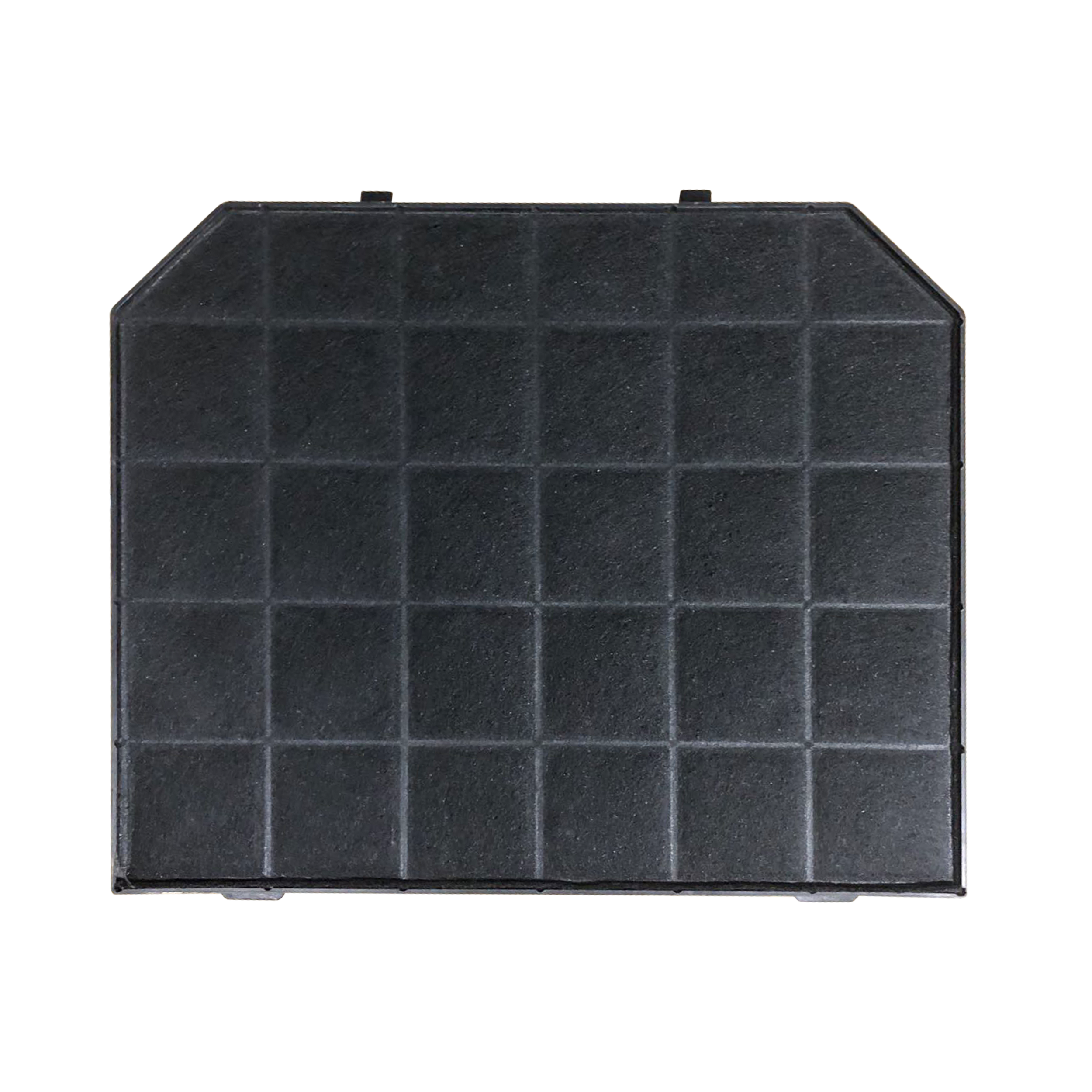 Un filtre à air noir. Il a un motif de grille carrée sur le devant.