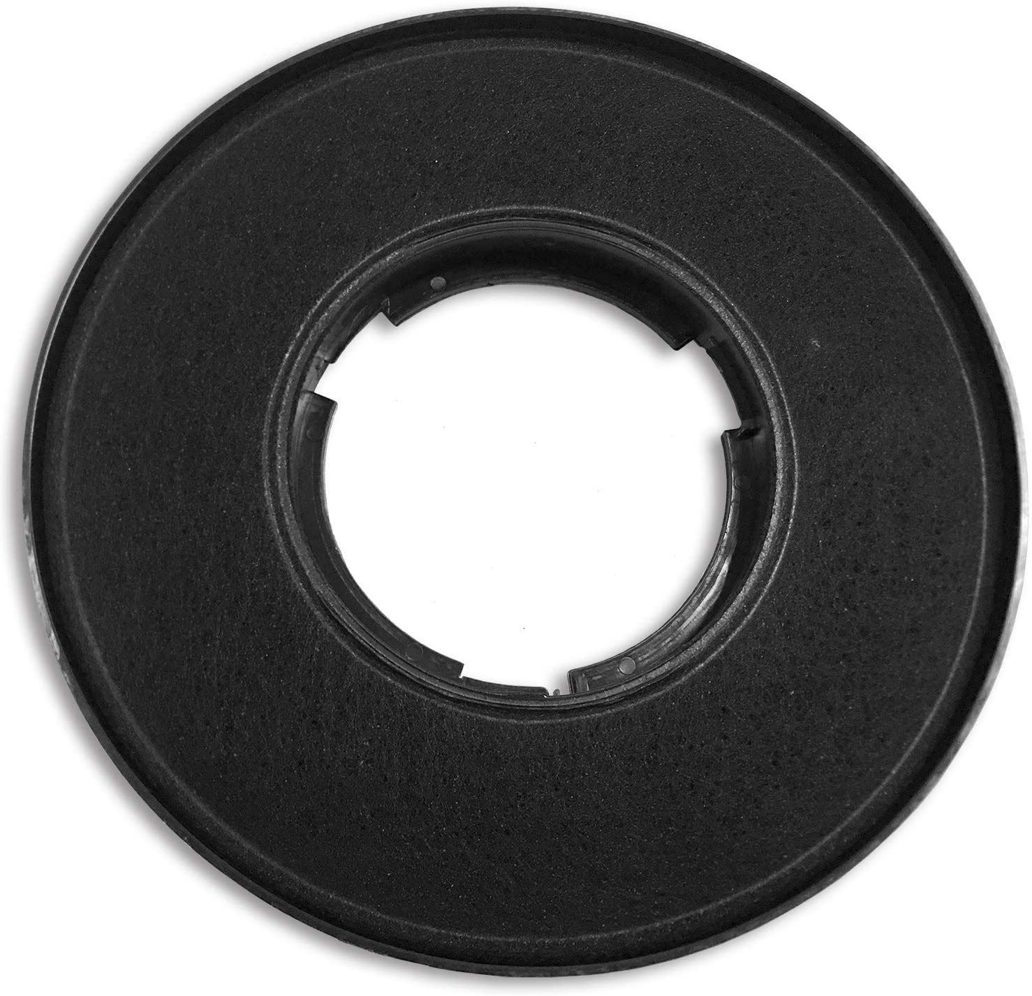 Black, circular air filter with a central hole. It is against a white background.