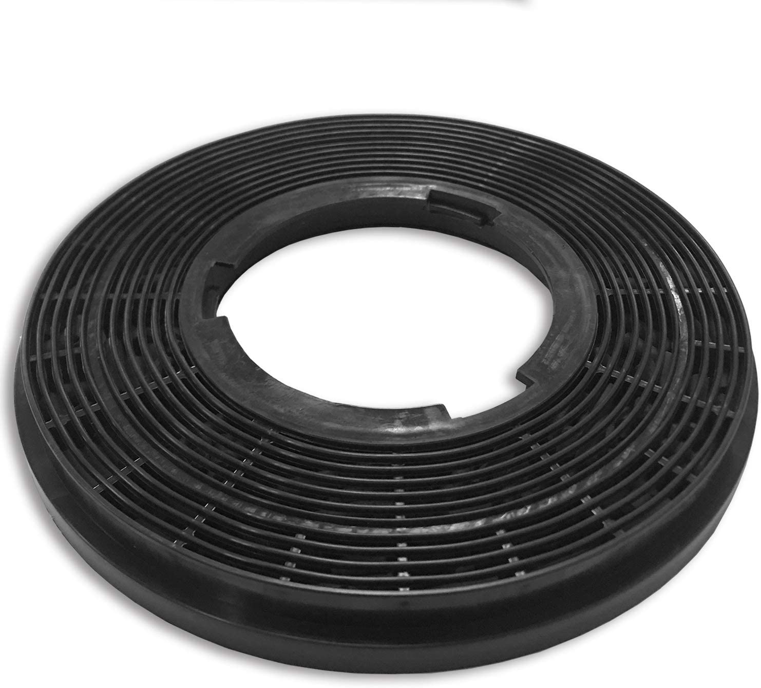 Round, black carbon filter. The filter is on a white background.