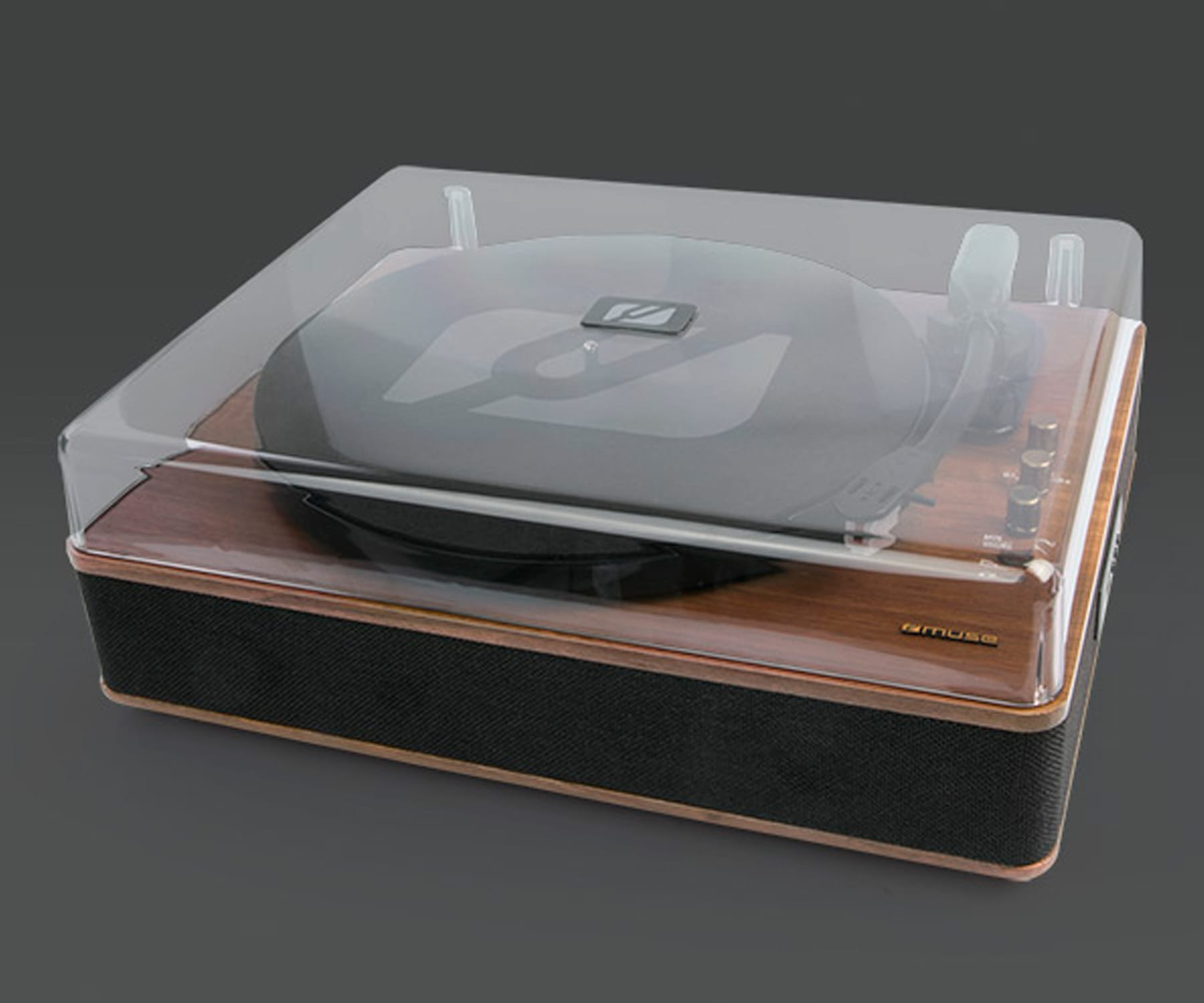 Tocadiscos con cubierta transparente, base de madera, altavoz negro y el logo Muse.