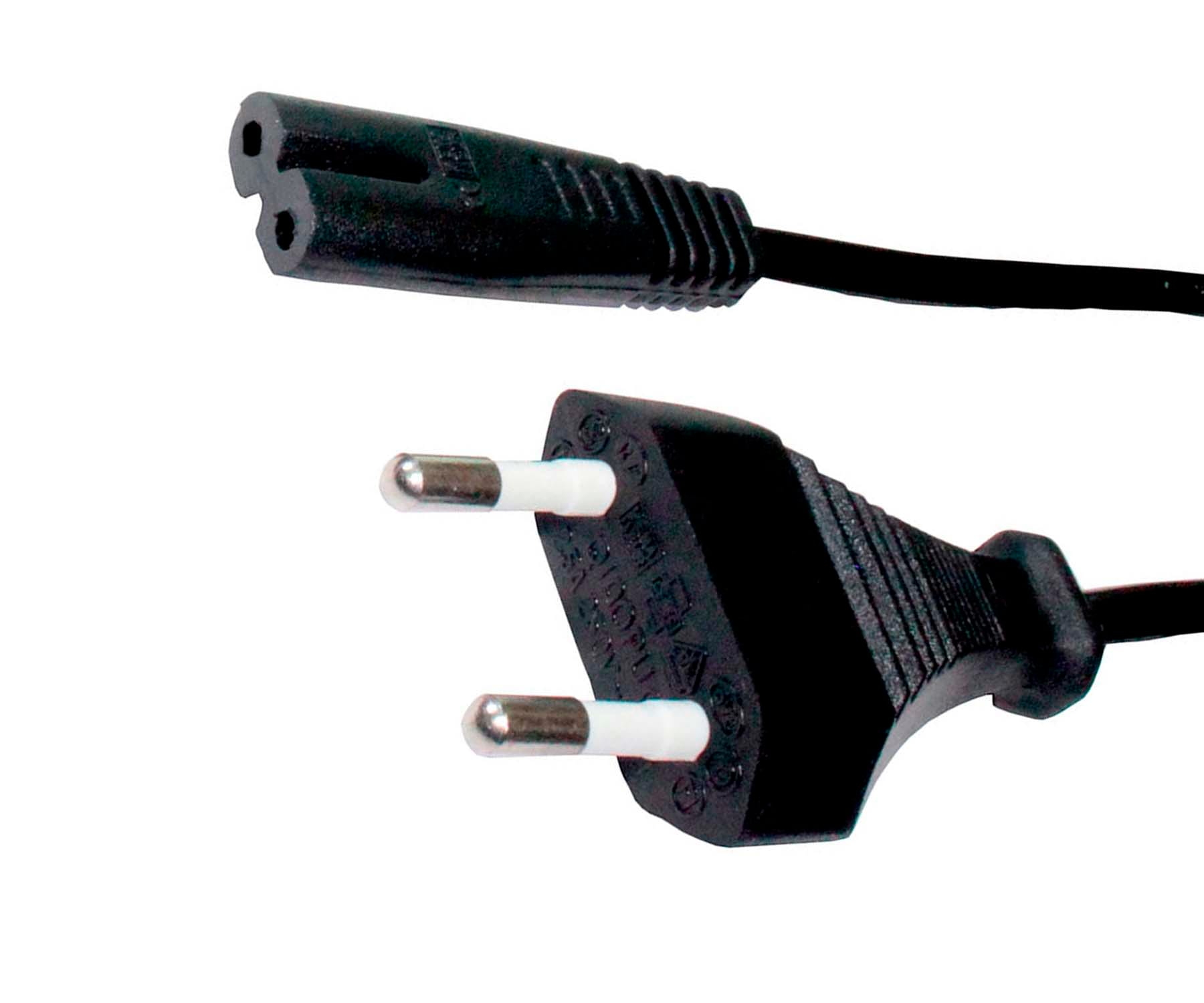 Cable de alimentación negro con dos clavijas, aislado sobre fondo blanco.