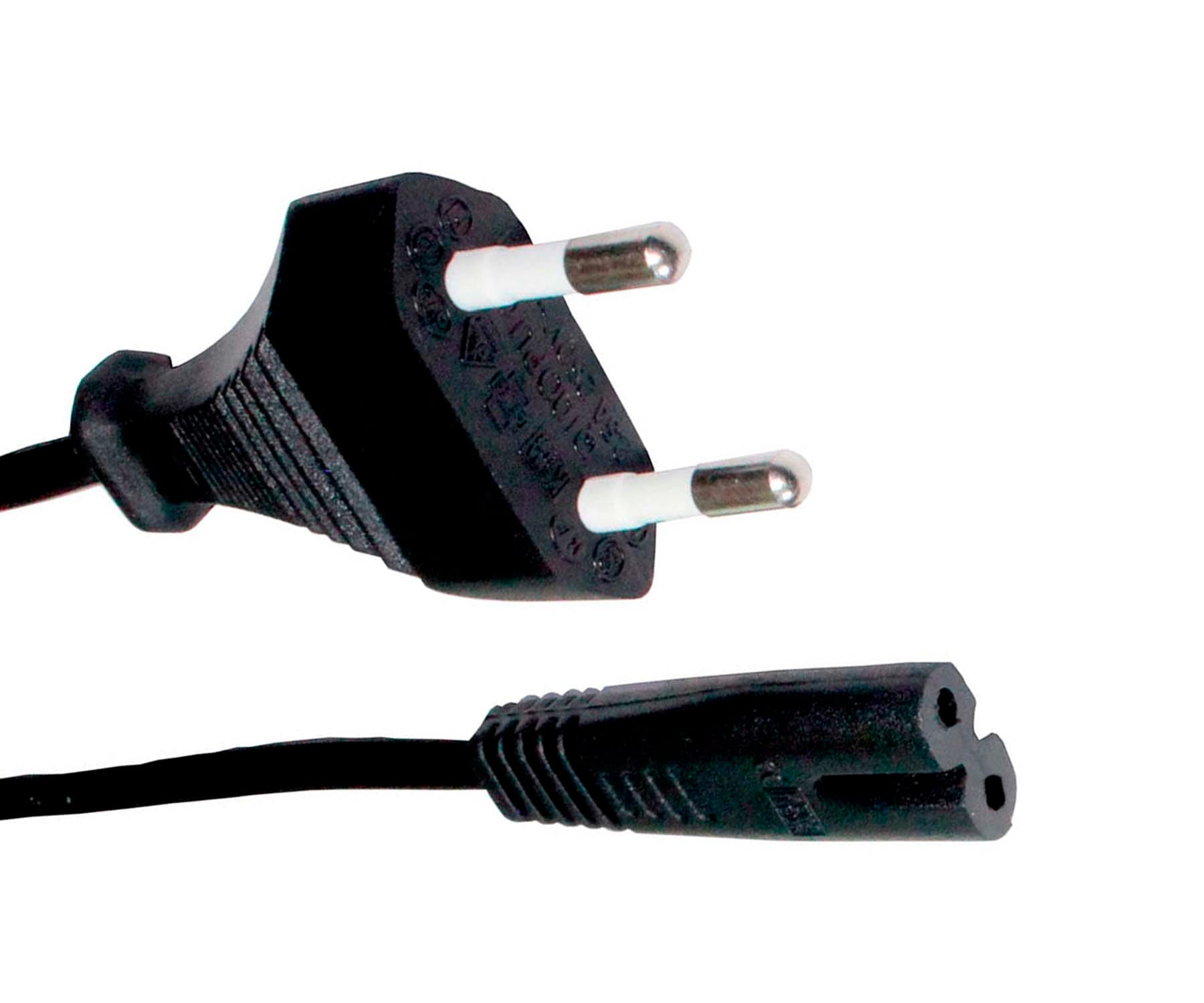 Cable de alimentación negro con dos clavijas metálicas y un conector de dos agujeros.