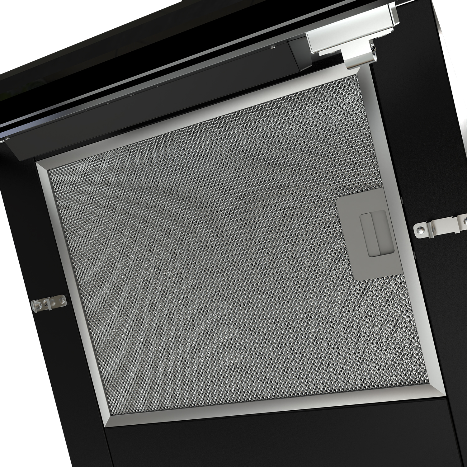 Nahaufnahme eines schwarzen Dunstabzugsfilter, der das Metallgitter zeigt.