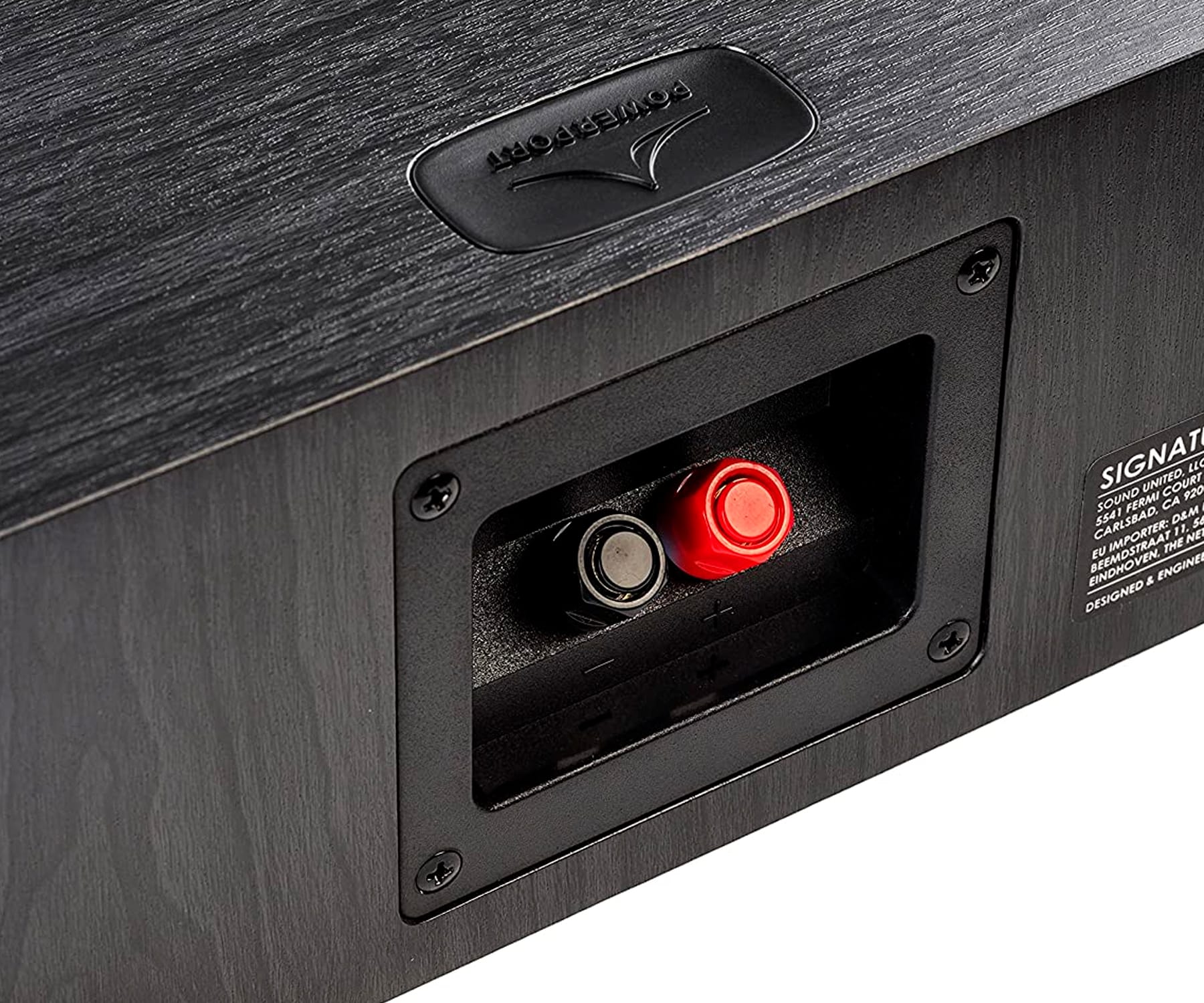 Primer plano del puerto de un altavoz con conectores rojo y negro, sobre un acabado de madera oscura.