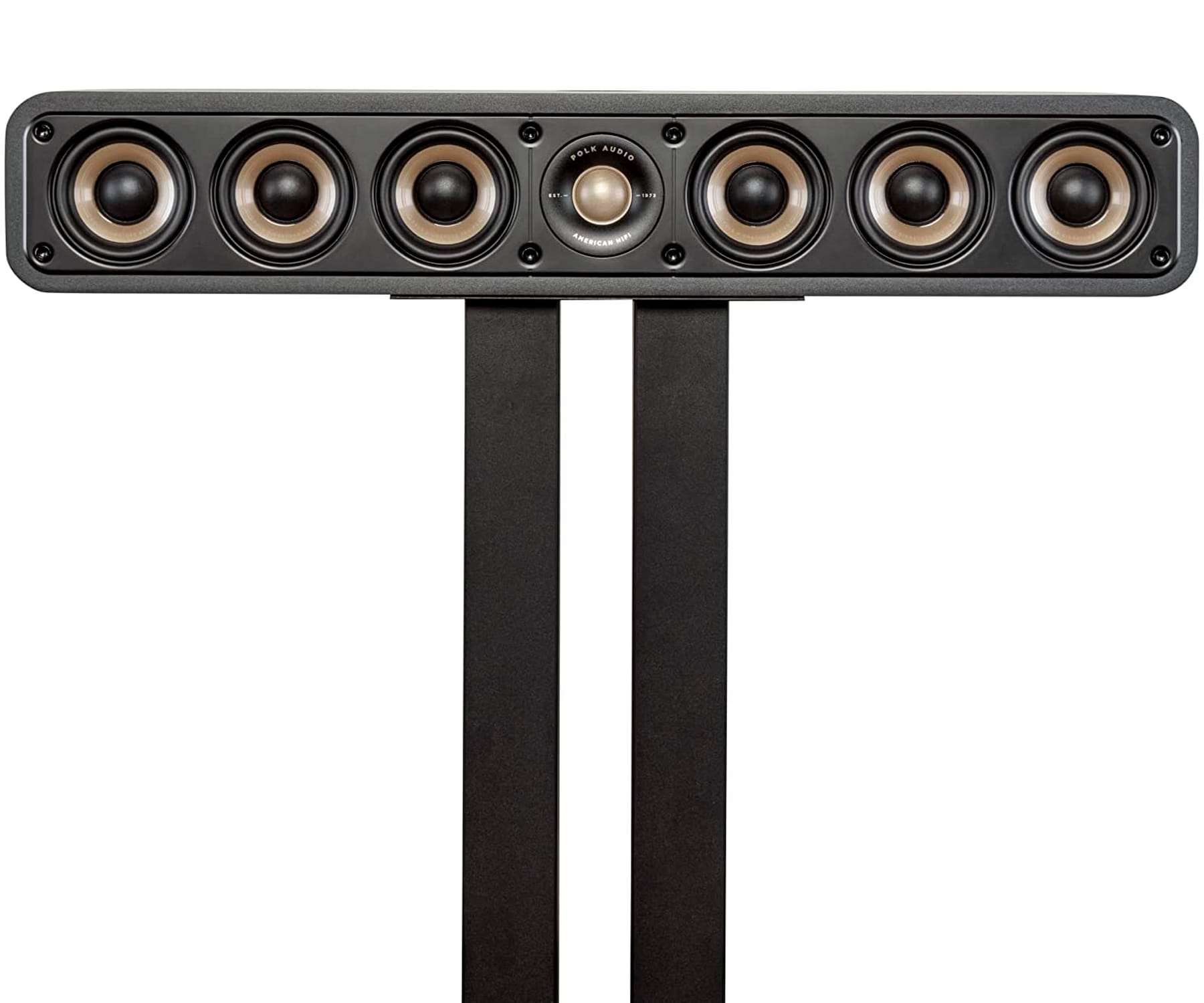 Barra de sonido negra con altavoces y dos soportes negros sobre fondo blanco.