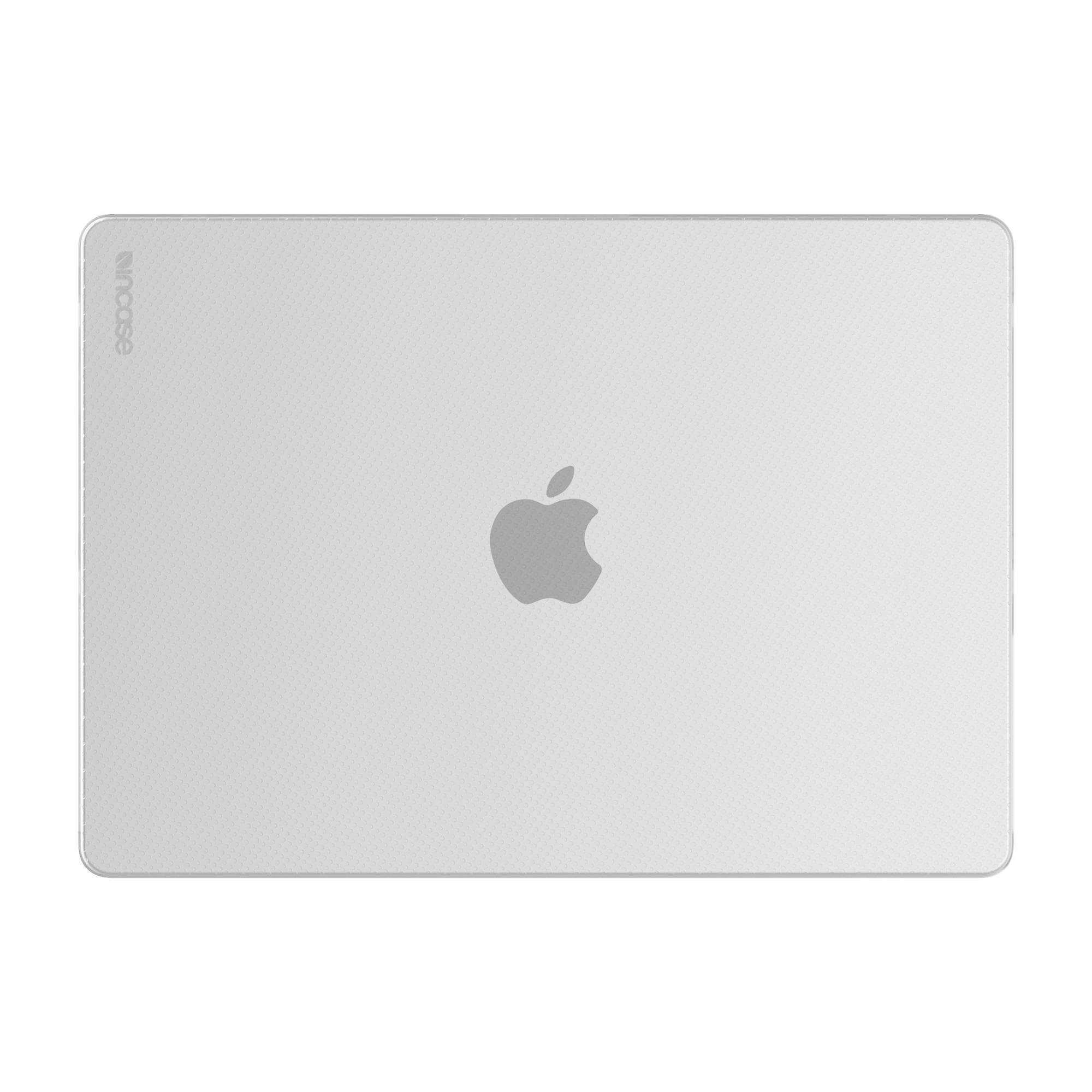 Un laptop argentato con il logo Apple sul retro, in una custodia trasparente.