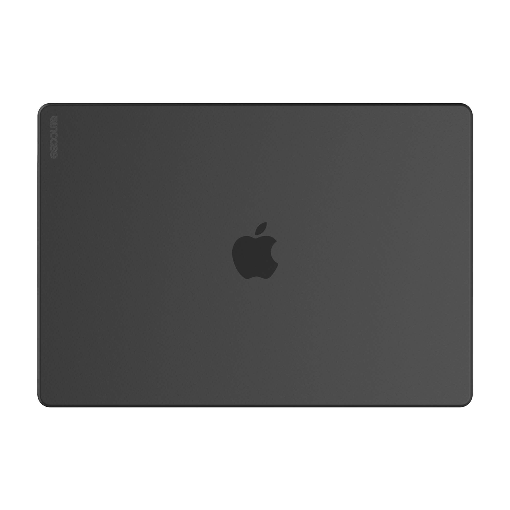 Cover per laptop nera con logo Apple. Logo Incase in alto a sinistra. Sfondo semplice.
