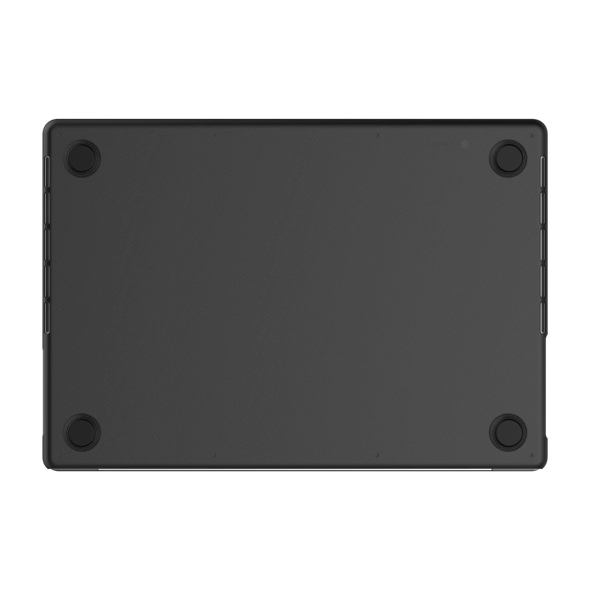 Custodia per laptop nera, vista dal basso. Quattro piedini in gomma circolari, colore nero.