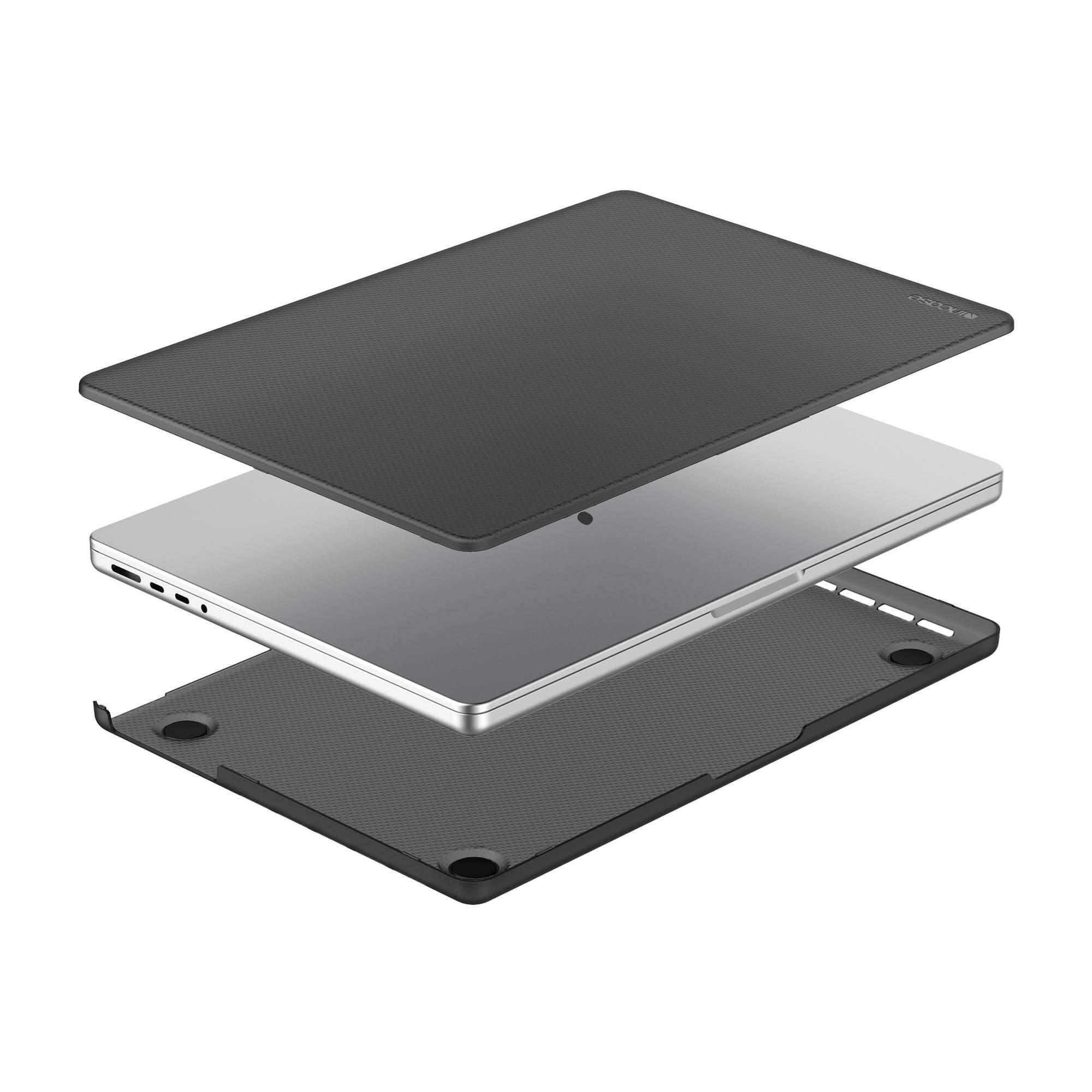 Laptop und Hülle, Teile getrennt. Silberner Laptop in der Mitte, mit einer schwarzen Hülle oben und unten.