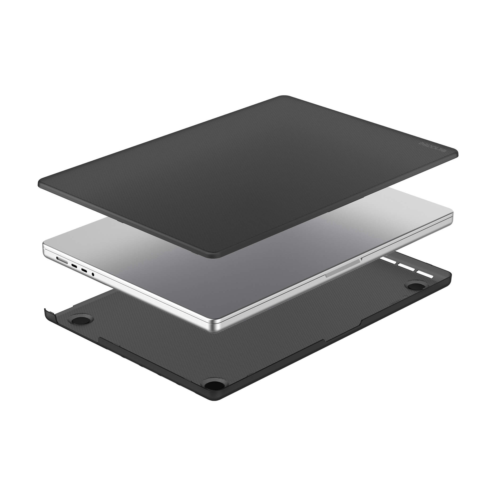 Custodia per laptop a strati: superiore, laptop argentato e inferiore. Custodia con superficie strutturata.