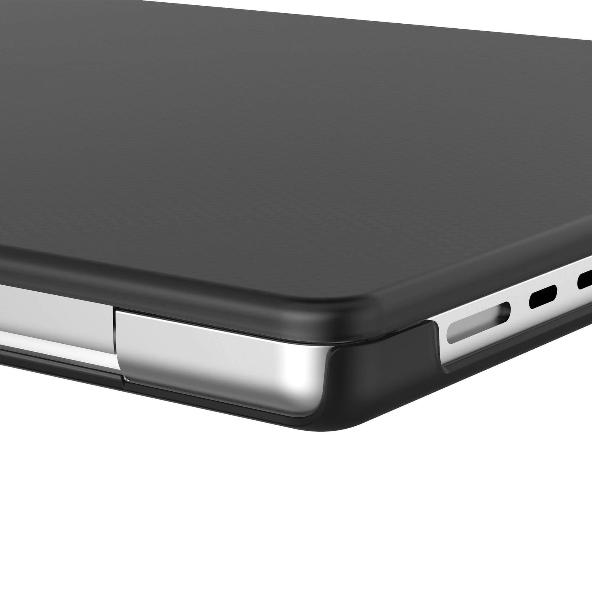 Un primo piano di una custodia per laptop nera con un dettaglio cerniera argentata.