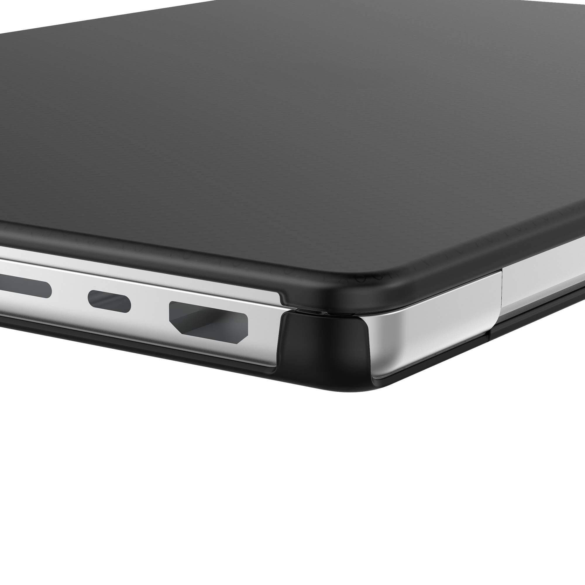Nahaufnahme eines schwarzen Laptops mit silberner Verkleidung.