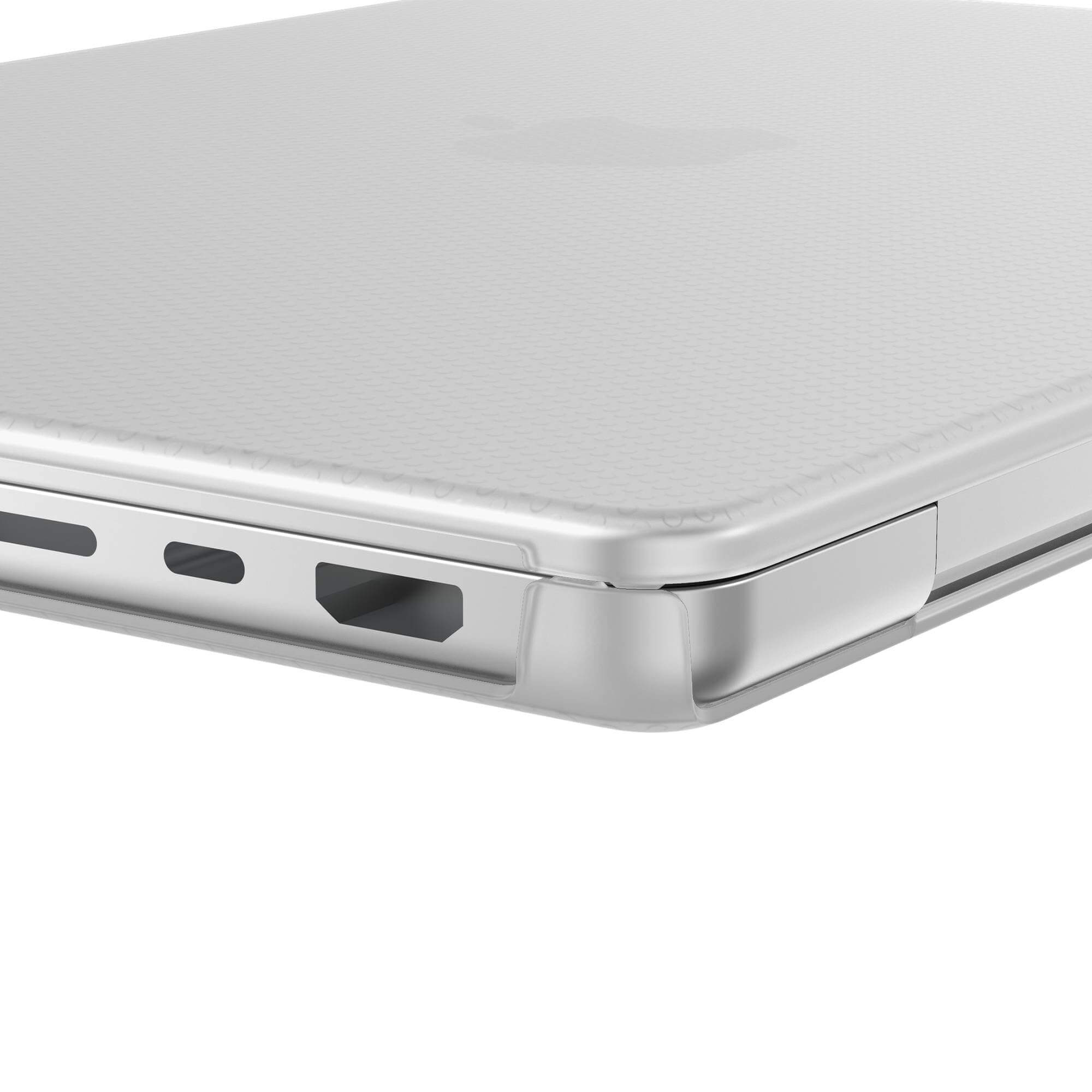 Primo piano di una custodia trasparente per laptop con motivo a nido d'ape sul retro.