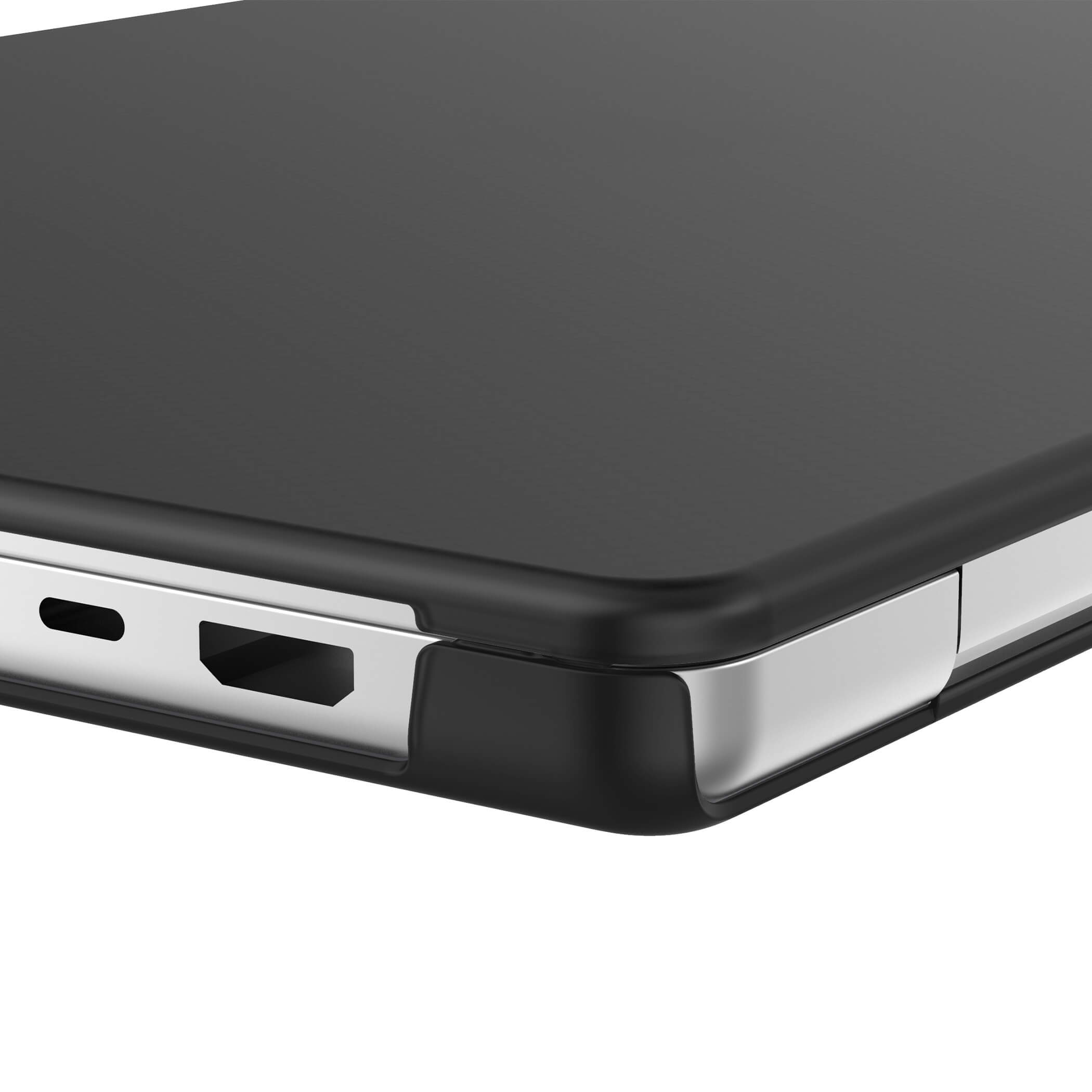 Primo piano dell'angolo di un laptop nero, con bordo argentato.