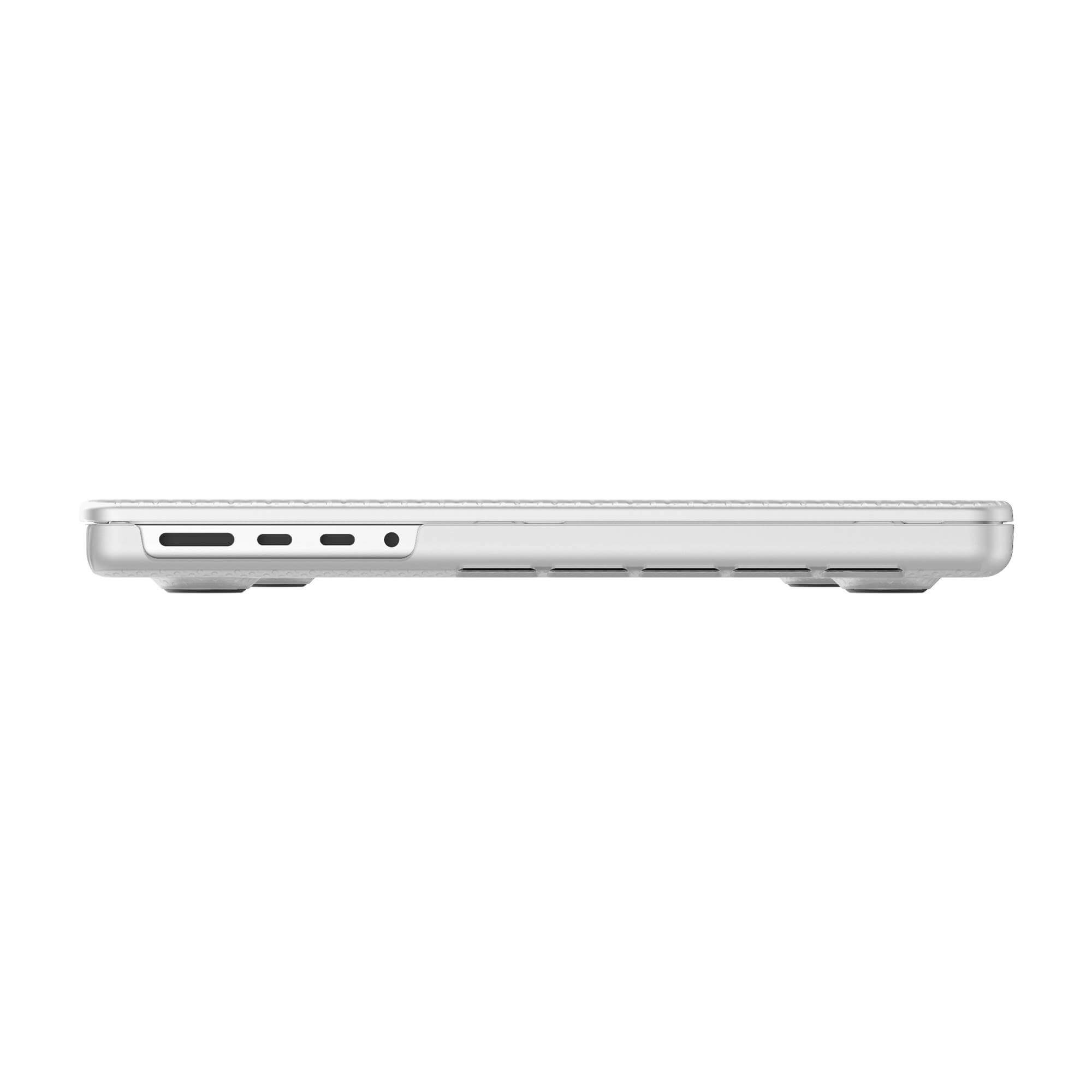 Vista laterale di un laptop bianco con porte e prese d'aria visibili.