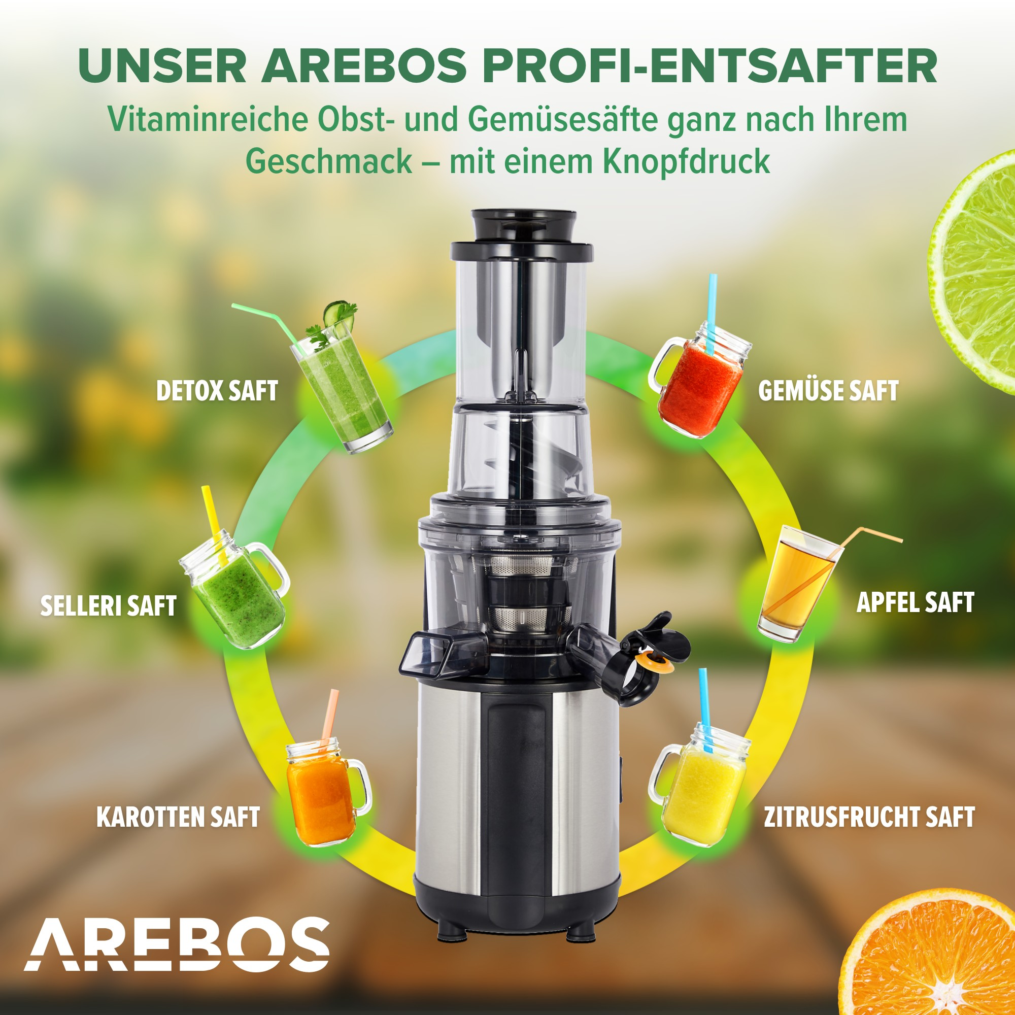 Entsafter mit Saftgläsern: Detox, Karotte, Sellerie, Apfel, Zitrone, Gemüse.