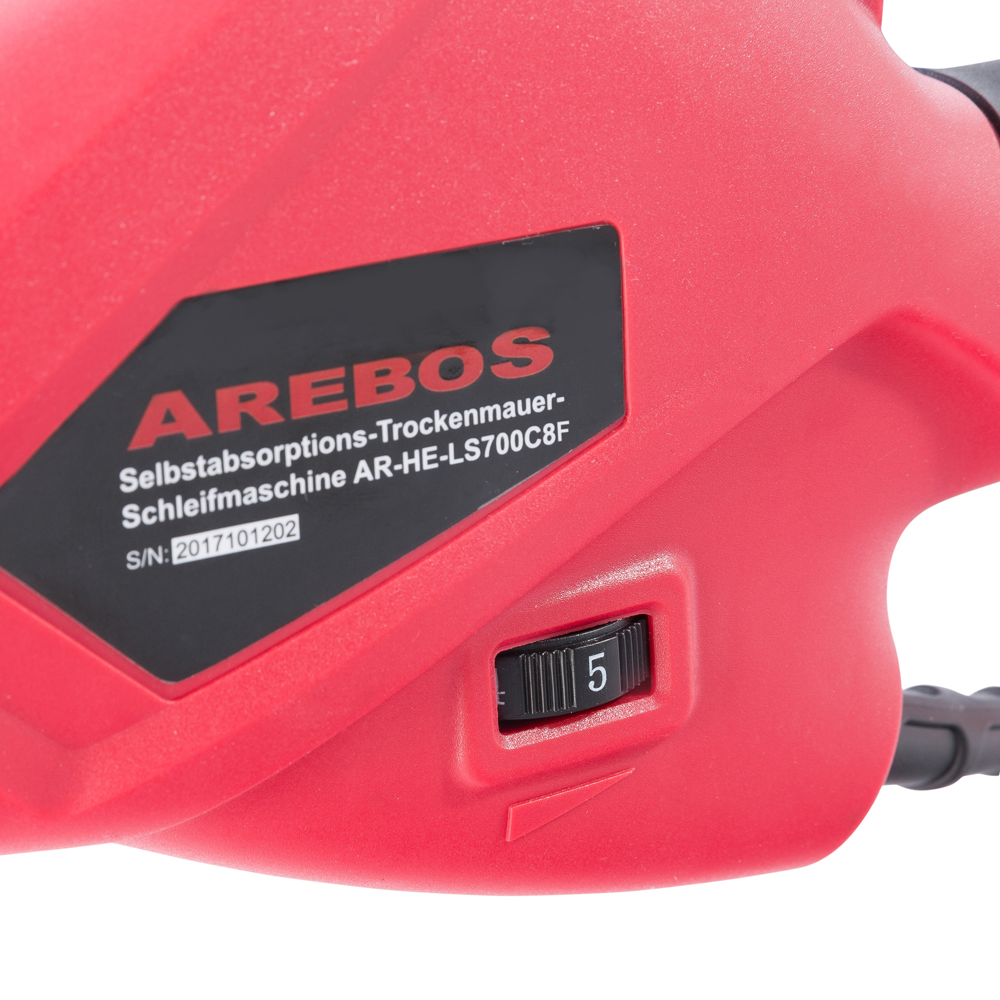 Rotes Elektrowerkzeug. Text: Arebos Selbstabsorptions-Trockenmauer-Schleifmaschine AR-HE-LS700C8F.
