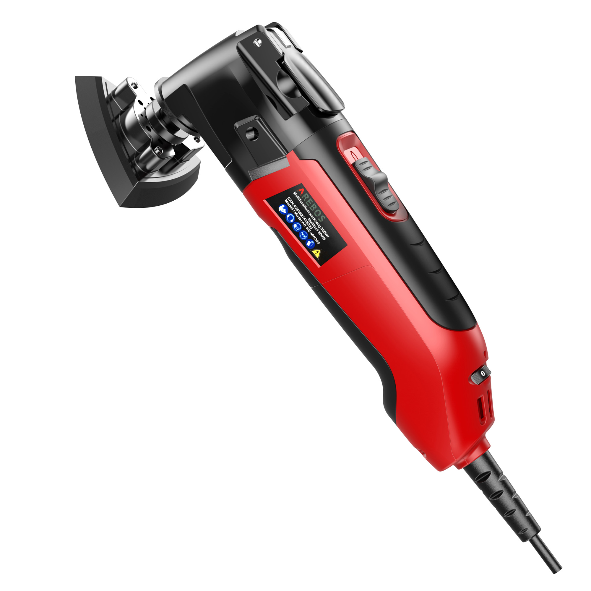 Rotes und schwarzes Multi-Tool-Elektrowerkzeug. Mit Kabel und schwarzem Kabel. Abgewinkelter Kopf.