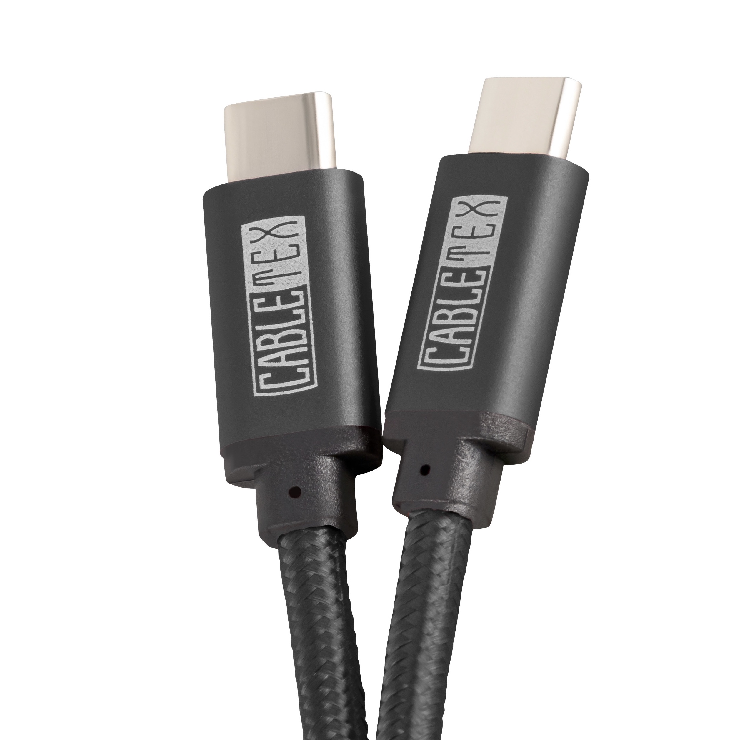 Zwei schwarze USB-C-Kabel. Die Kabel haben schwarze Stecker mit der Marke CABLETEX an der Seite.