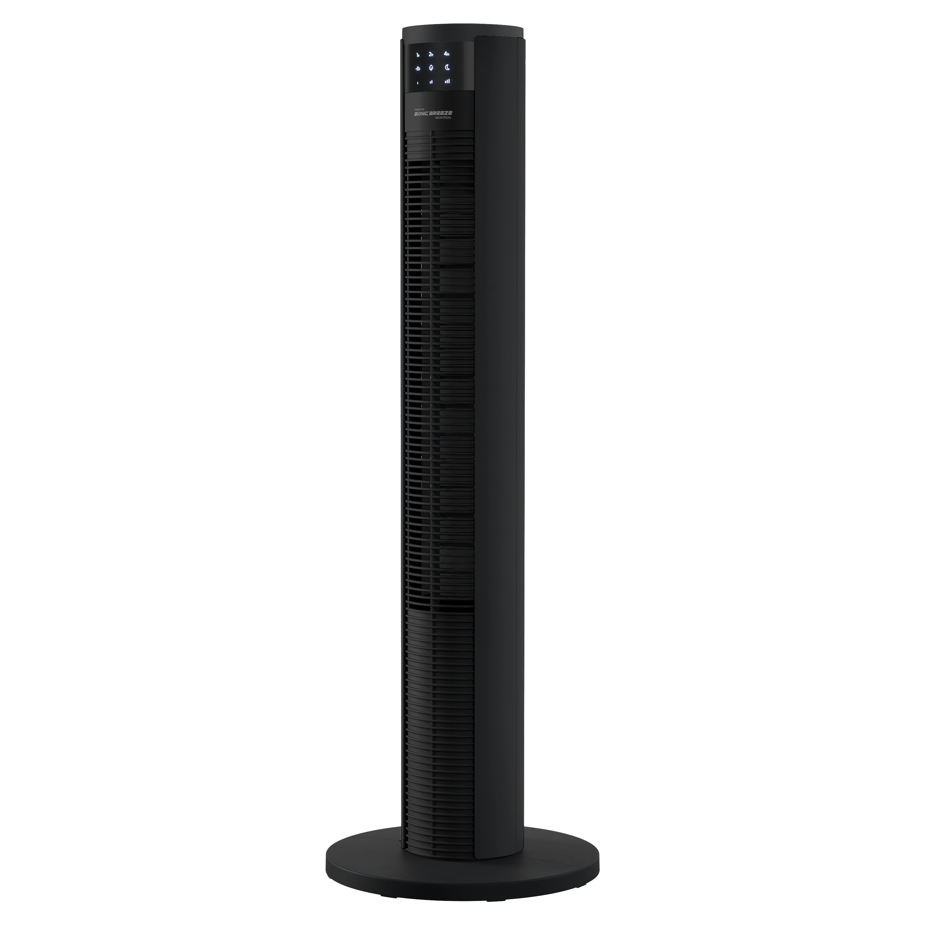 Ein schwarzer Turmventilator mit rundem Sockel. Weißer Hintergrund.