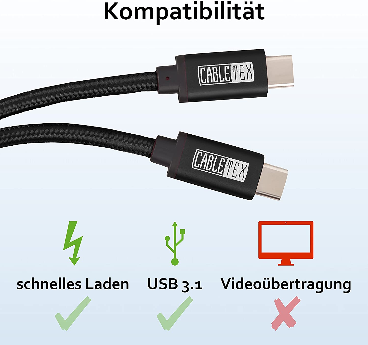 Zwei USB-C-Kabel nebeneinander. Symbole für schnelles Laden, USB 3.1 und Videoübertragung werden angezeigt.