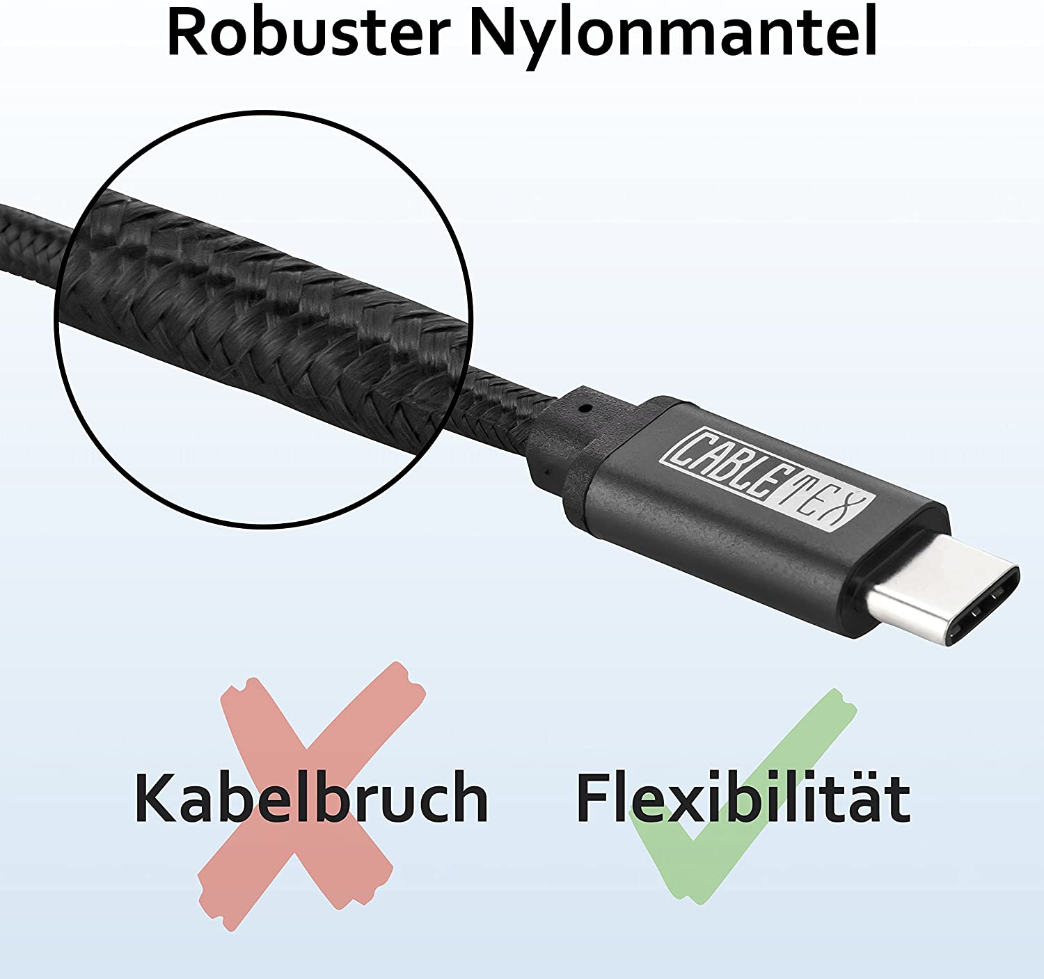 Schwarzes geflochtenes Kabel mit USB-C-Stecker, Flexibilität und Robustheit.