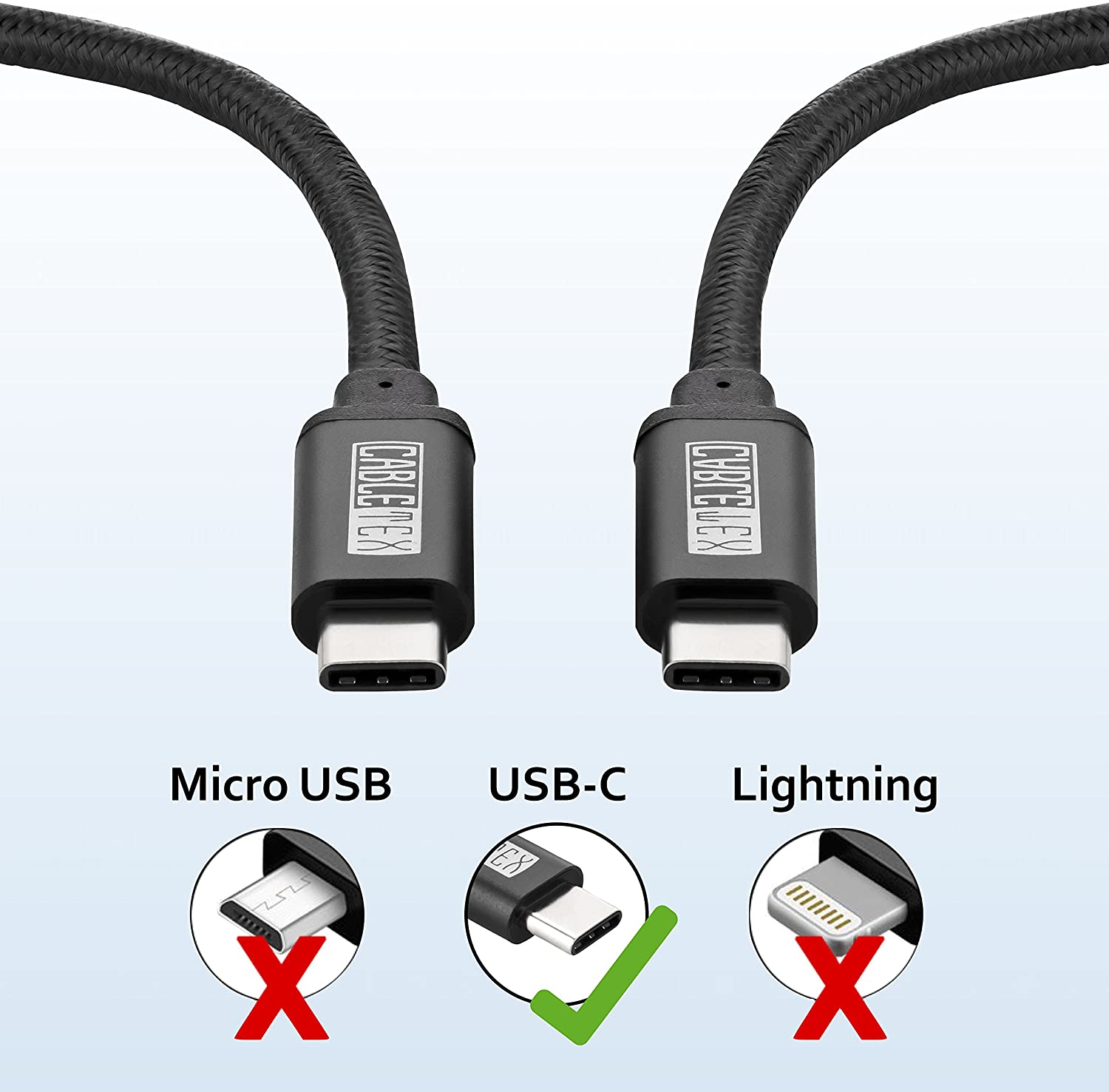 Zwei schwarze USB-Kabel mit verschiedenen Anschlüssen: Micro USB (X), USB-C (✓) und Lightning (X).