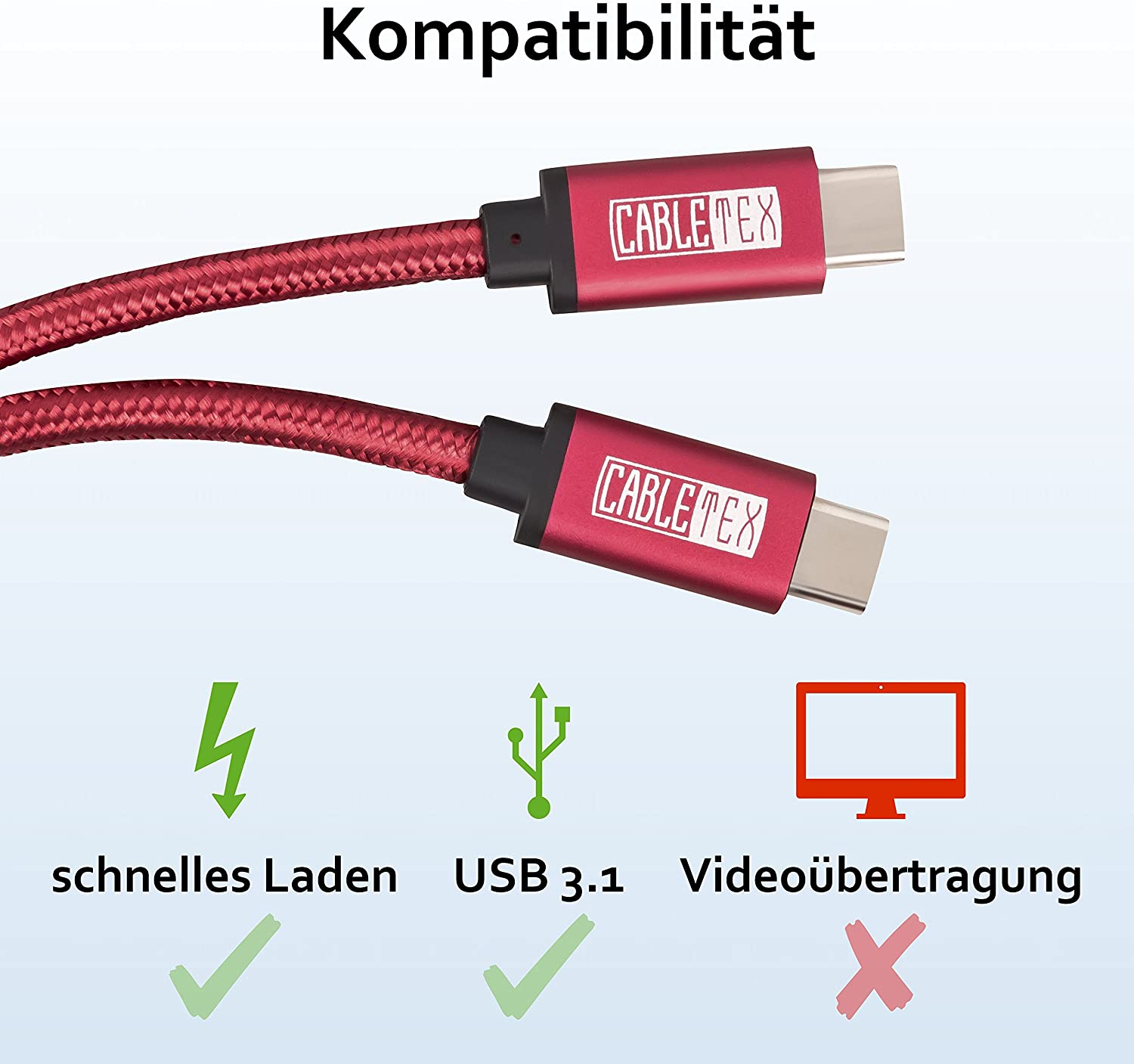 CABLETEX USB C Kabel USB-Kabel, Rot