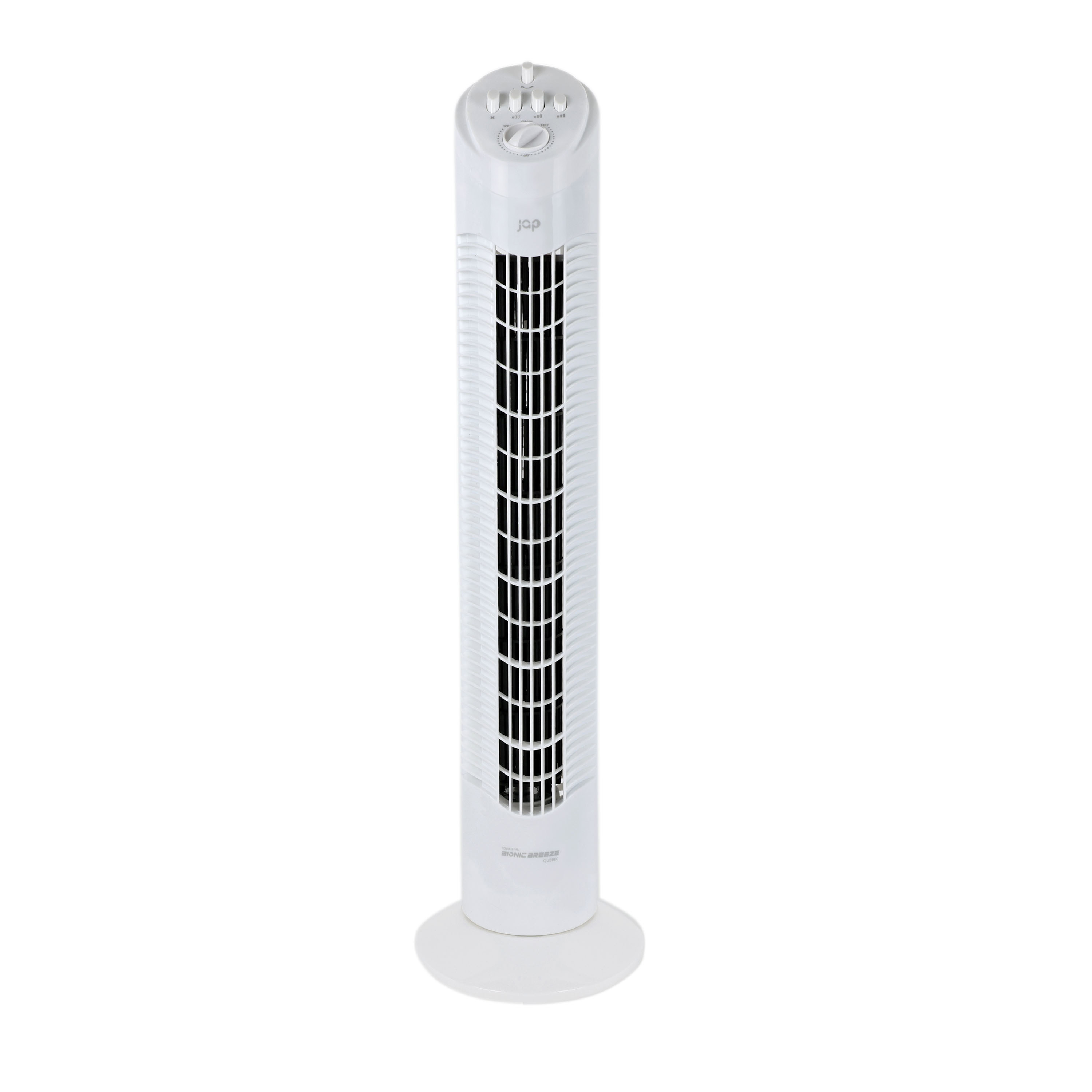 White tower fan. Tall, vertical design. Controls on top. White base, white background.