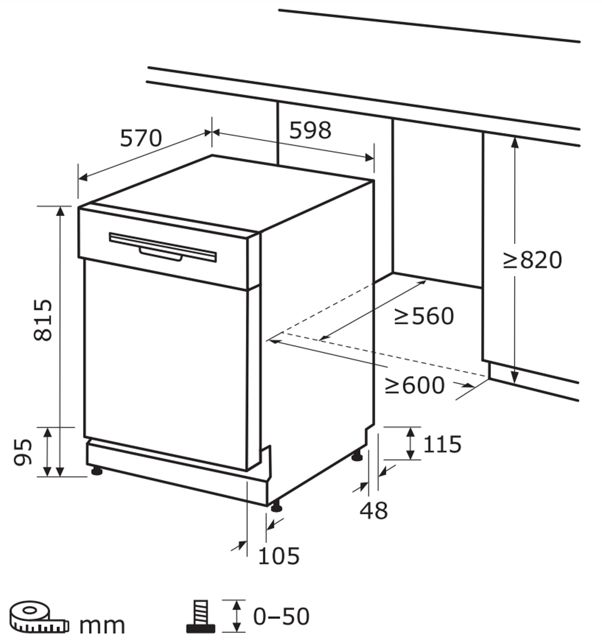 Diagramm einer Spülmaschine mit Abmessungen in Millimetern.