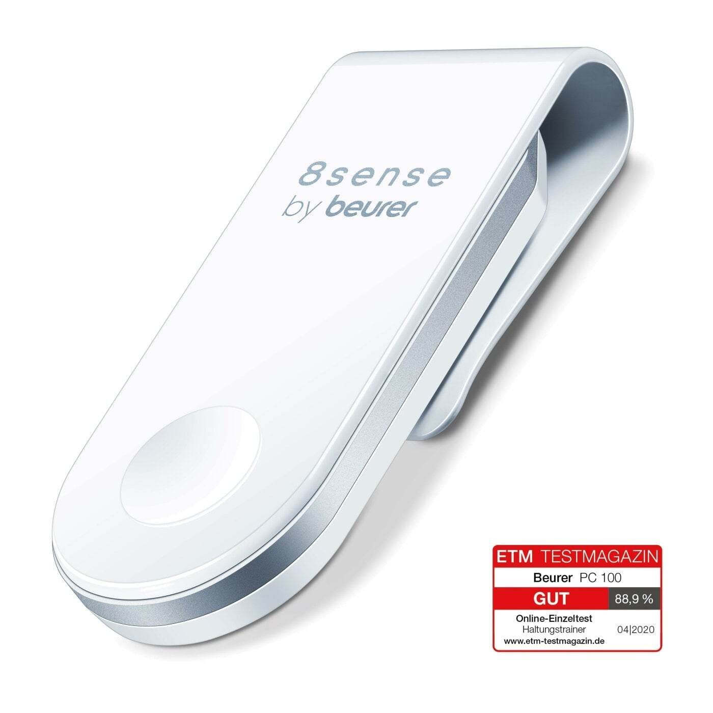 Weißer Haltungstrainer mit silbernem Band, Schriftzug '8sense by beurer', auf weißem Hintergrund.