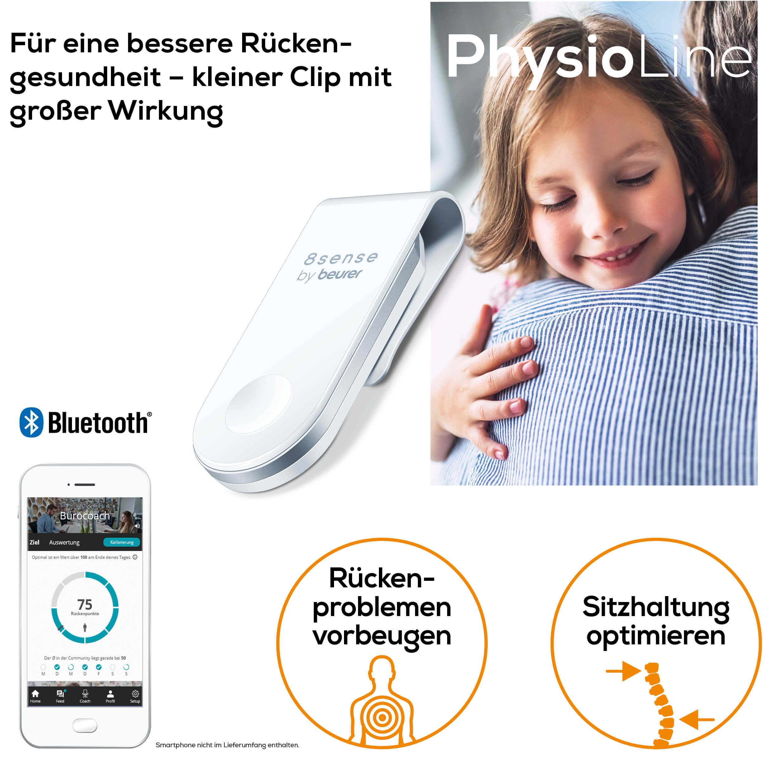Bild zeigt ein weißes Clip-on-Gerät, ein Mädchen, das sich umarmt, und einen Smartphone-Bildschirm.