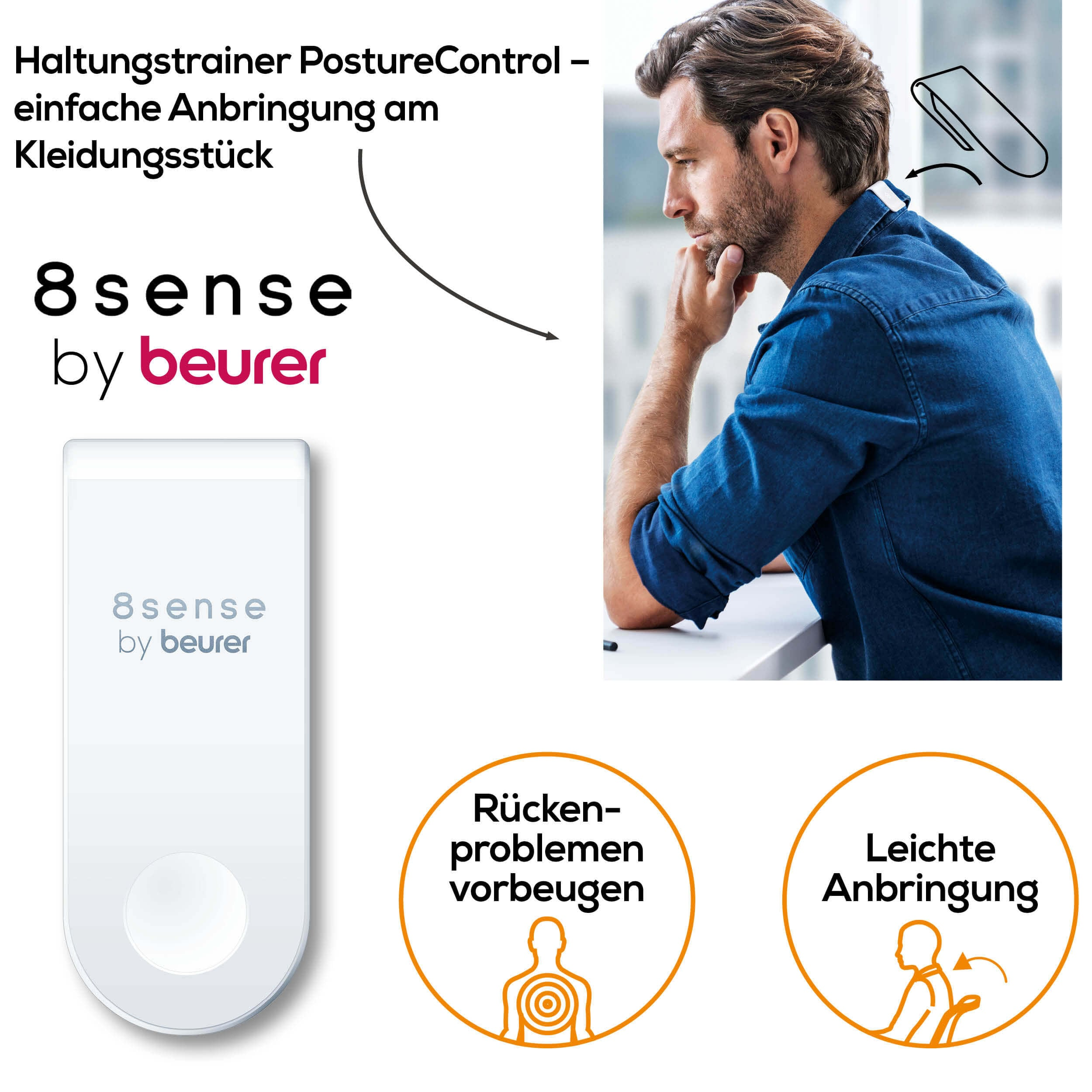 Mann mit Haltungstrainer, weißes Gerät und Icons für Rücken und einfache Anwendung.