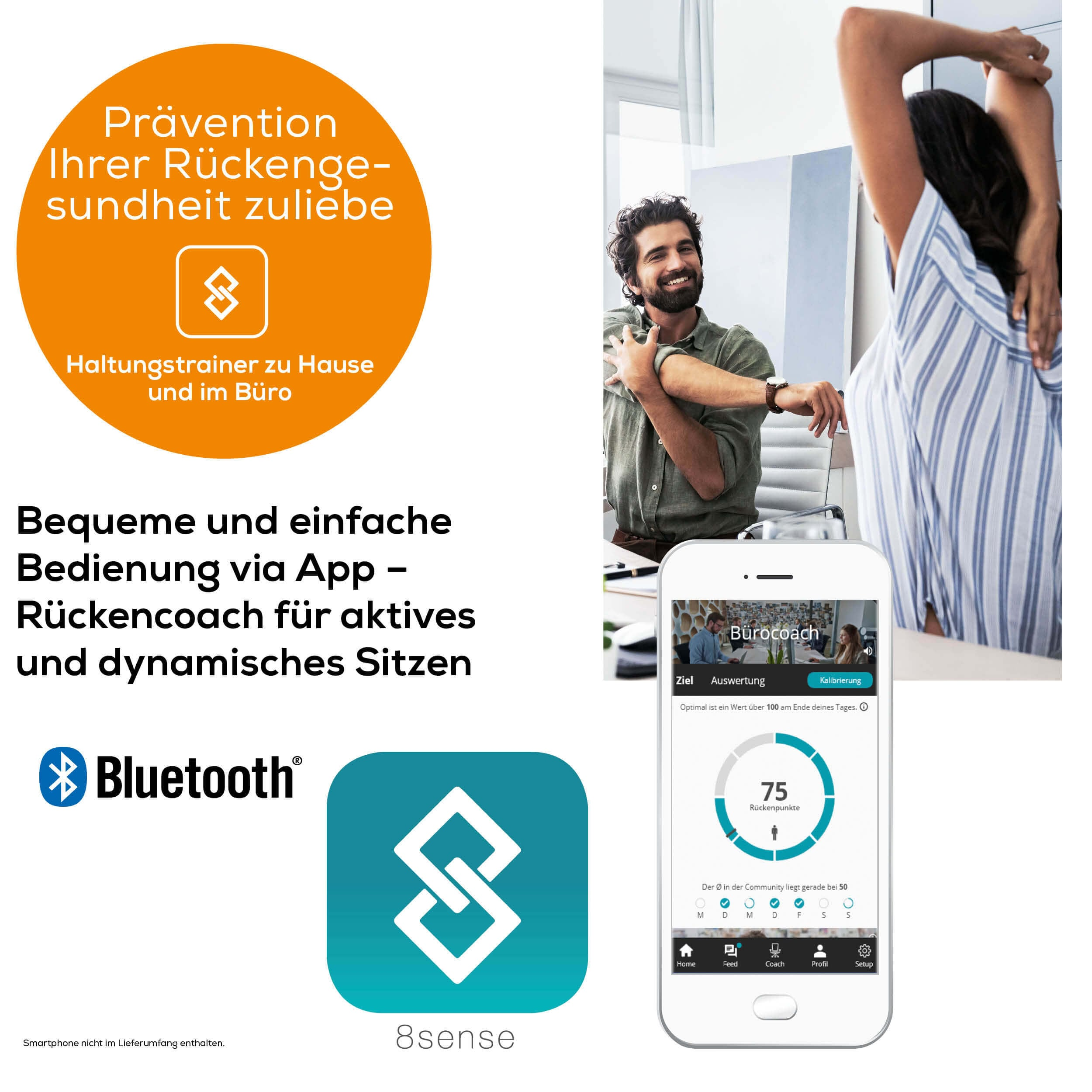 Mann dehnt sich im Büro, Telefon zeigt App. App fördert die Rückengesundheit. Bluetooth-Logo sichtbar.