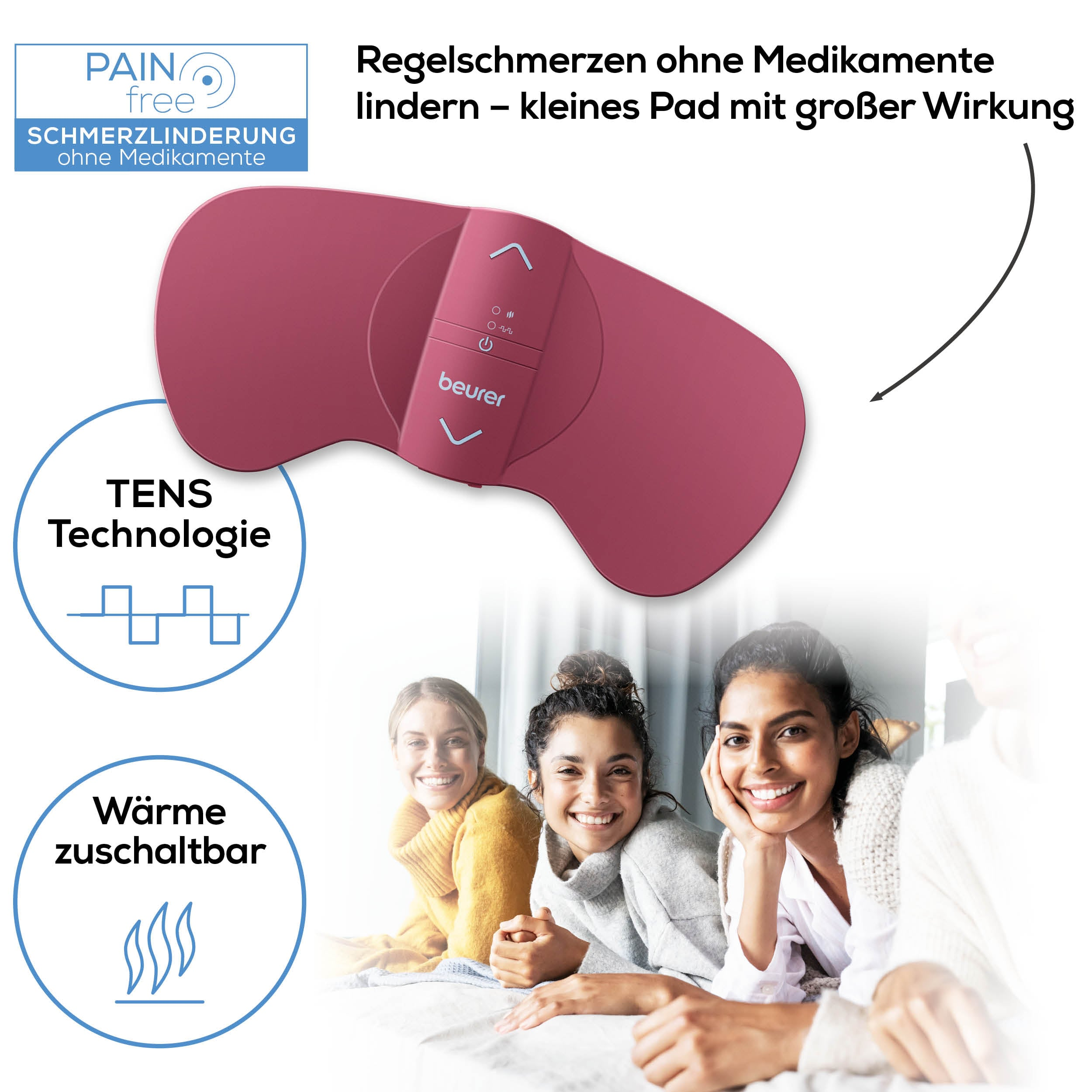 Tre donne sdraiate su un letto, sorridenti, con un dispositivo rosa per alleviare il dolore.