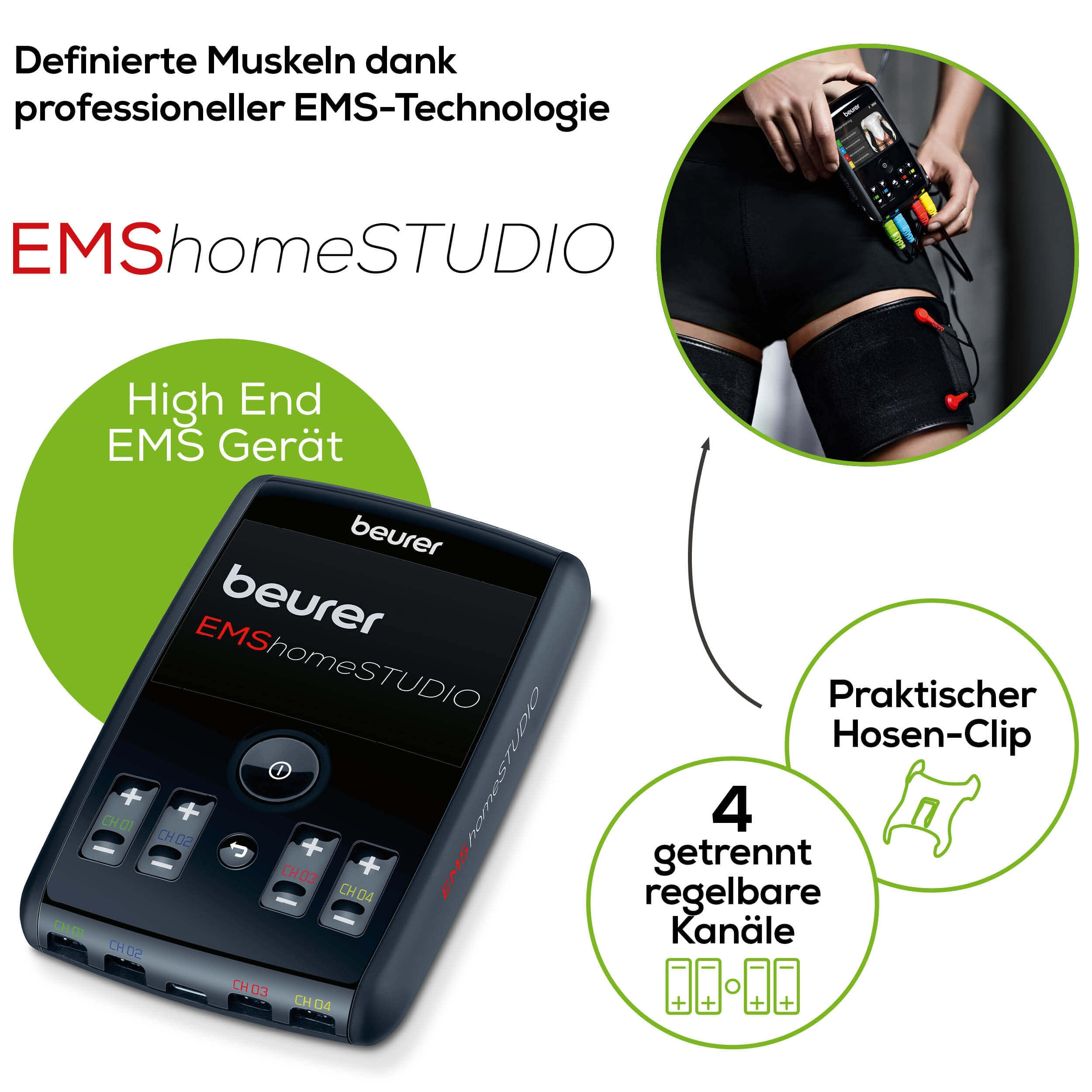 Das Bild zeigt ein EMS-Gerät mit Pads, ein Bein einer Person mit Pads und einen Clip. Text beschreibt das Gerät.