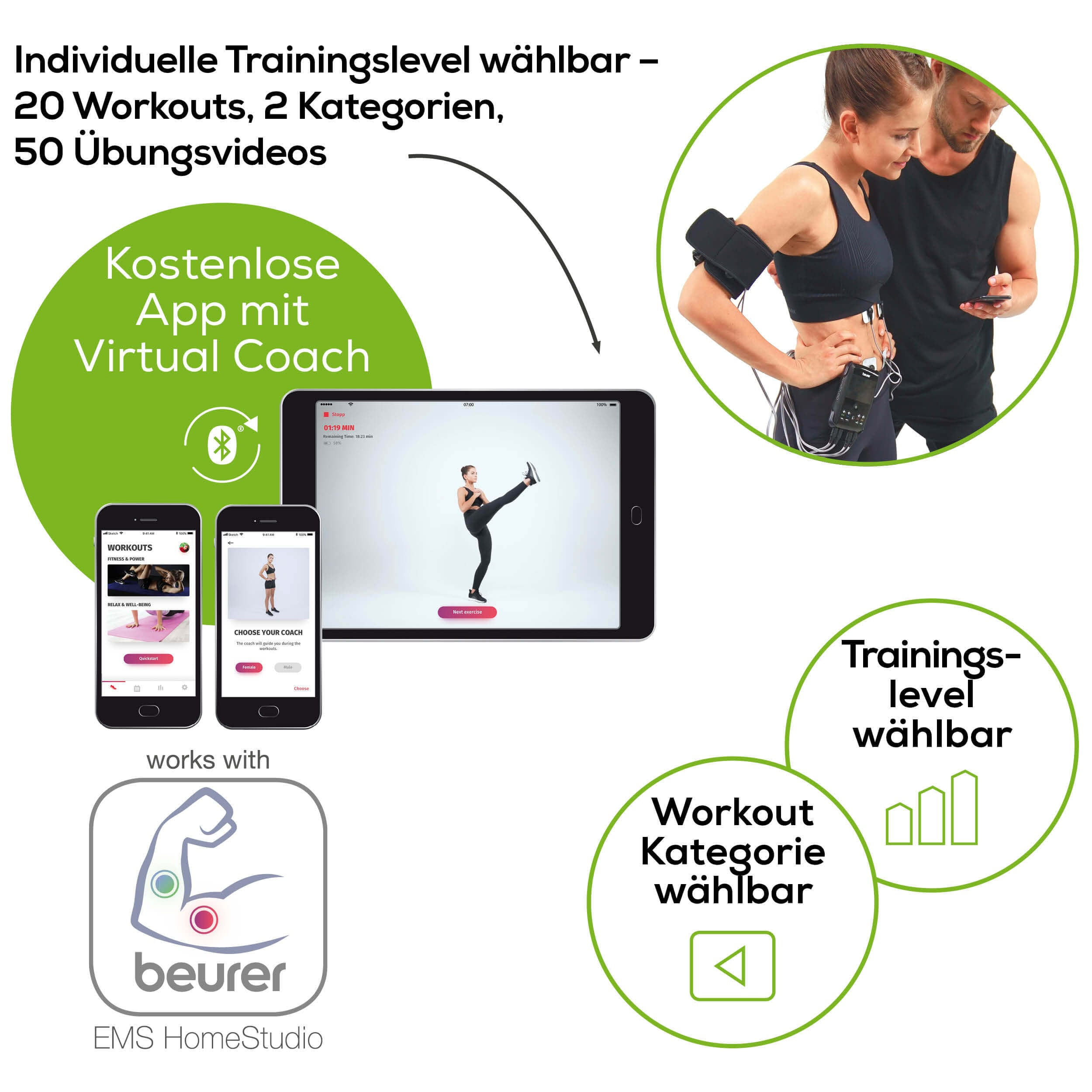 Zwei Personen, ein Mann und eine Frau, die auf Telefone mit Workout-App-Infos schauen.