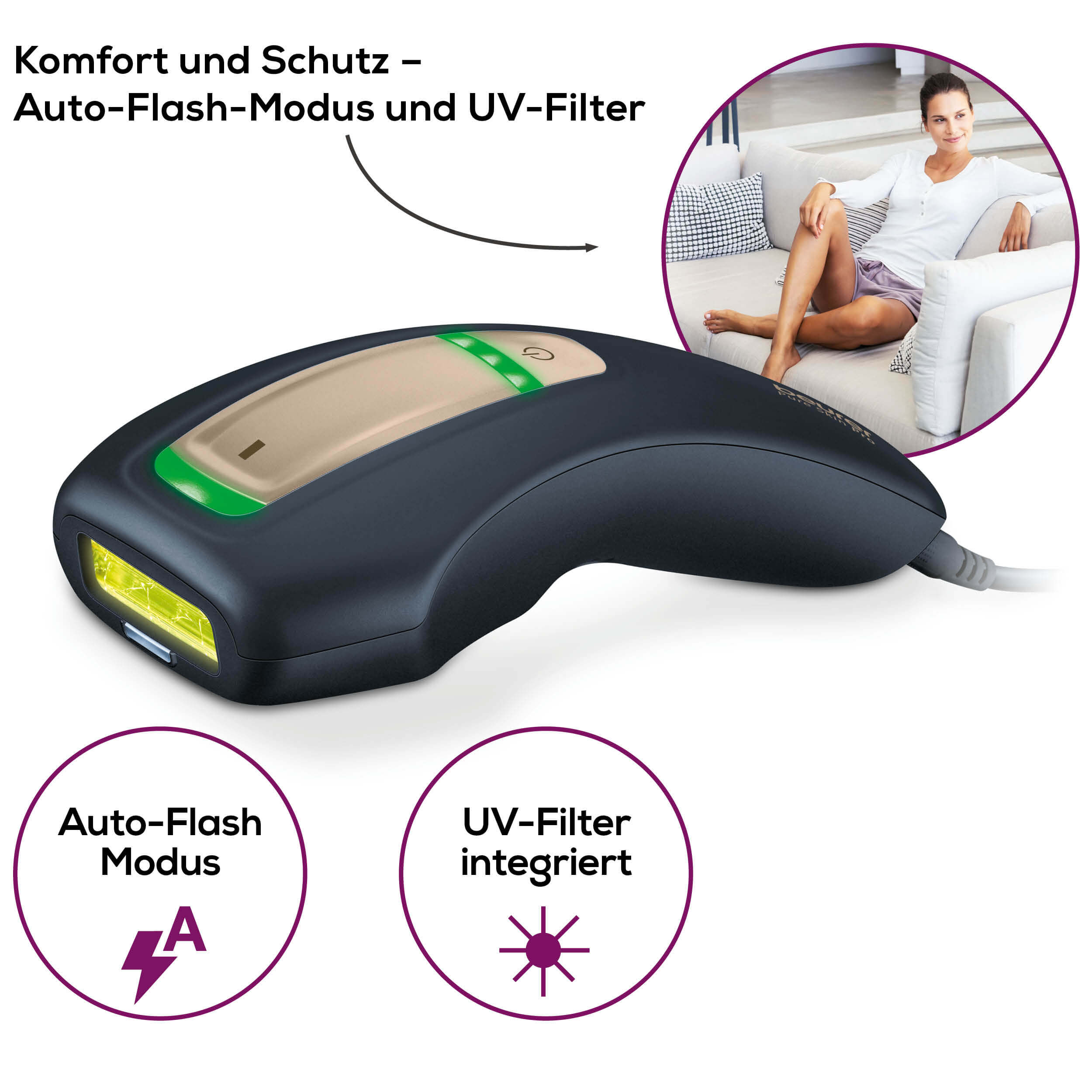Haarentfernungsgerät mit Text und Diagrammkreisen, die Funktionen zeigen.