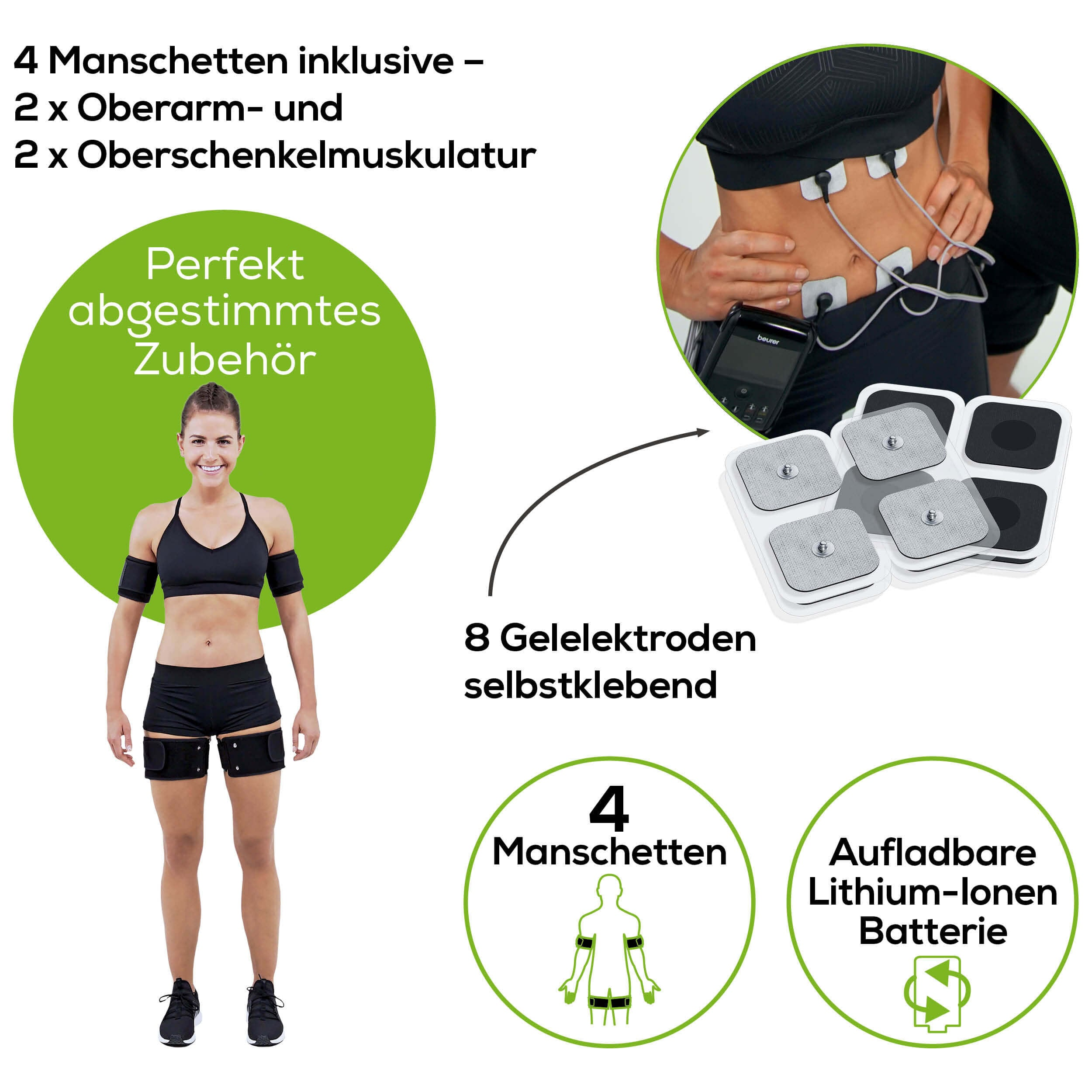 Frau mit Fitnessgeräten. Text: 4 Manschetten, 8 Elektroden, Akku. Schwarzes Top und Shorts.