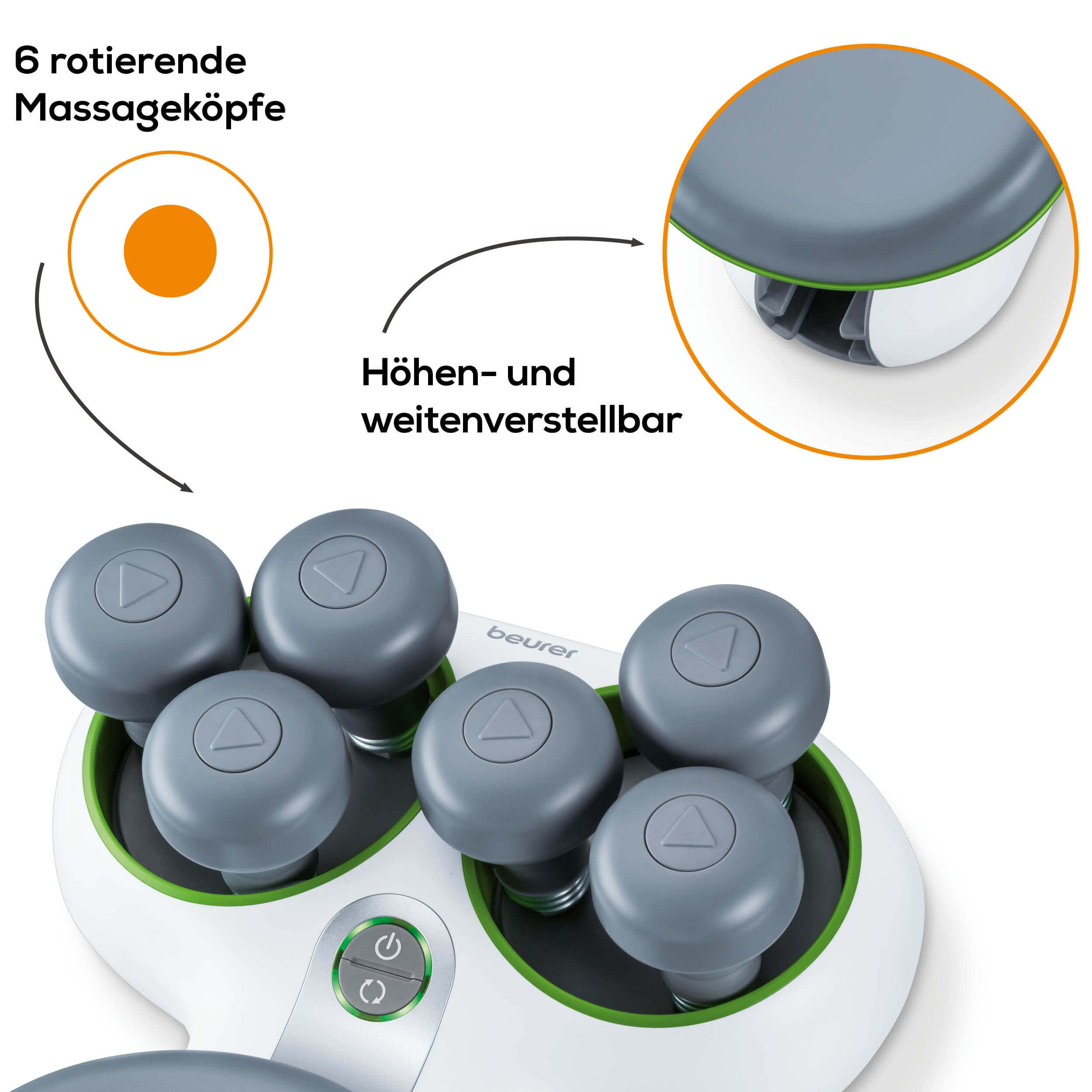 Ein Massagegerät mit sechs grauen Massageköpfen. Pfeile zeigen rotierende Köpfe und einstellbare Höhe an.