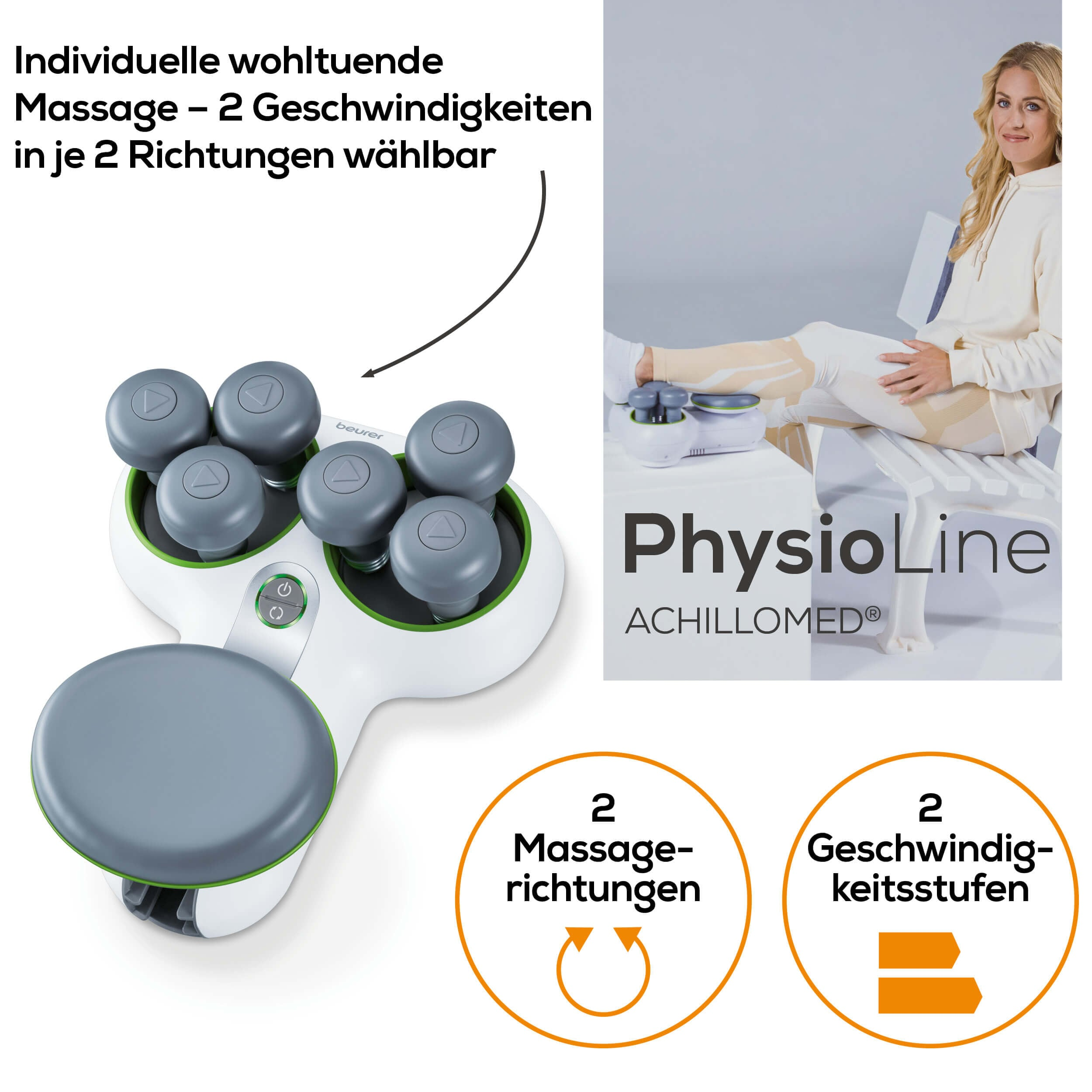 Massagegerät mit grauen Massageköpfen. Eine Frau sitzt und erhält eine Beinmassage.