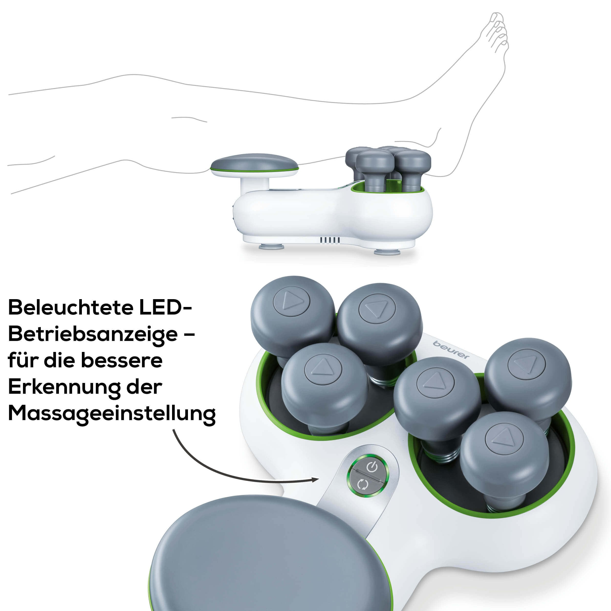 Massagegerät mit grauen Kugeln und grünen Akzenten. Text: Beurer. Außerdem eine Skizze eines Beins.