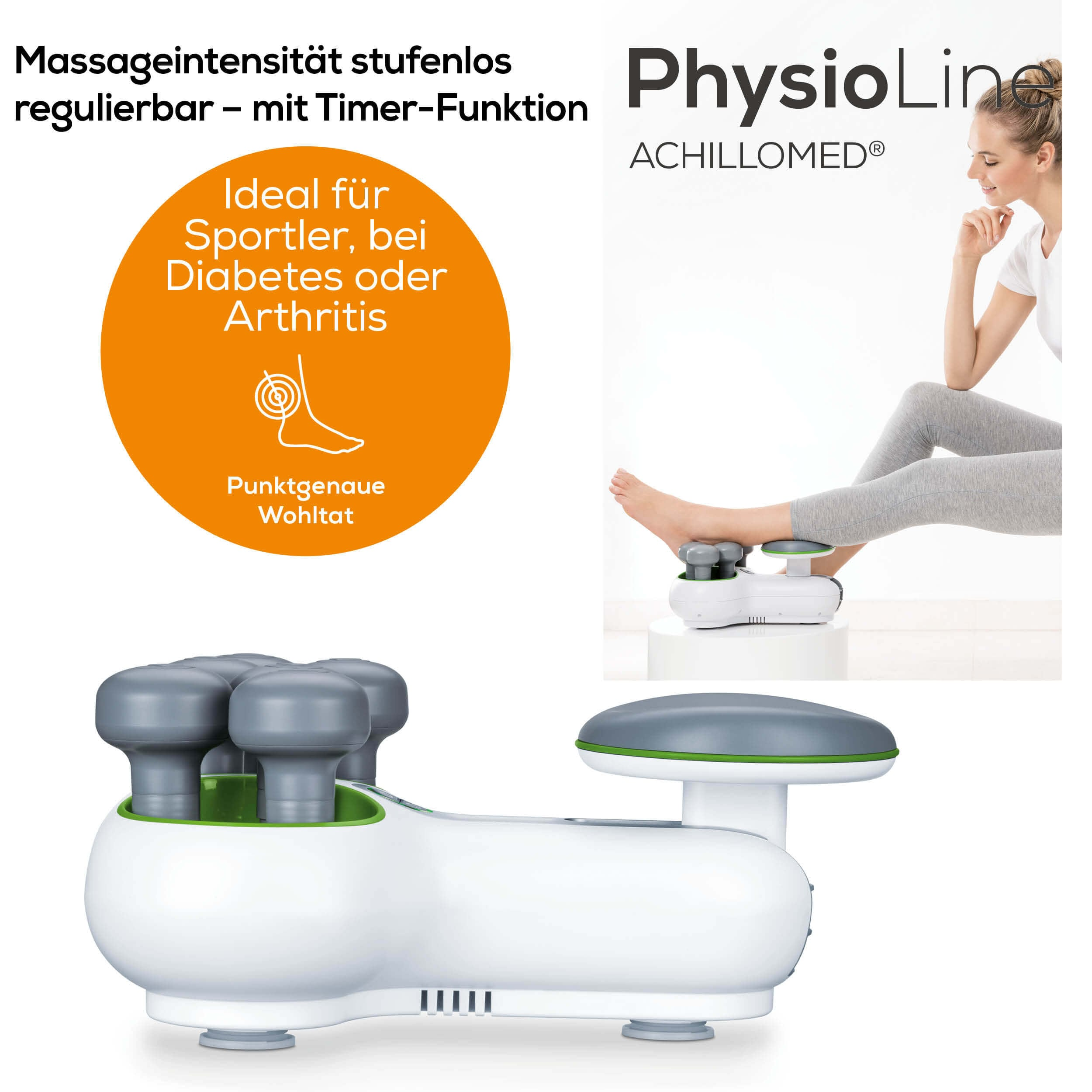 Fußmassagegerät und Frauenfüße rechts. Text: Massageintensität, Timer, ideal für Sportler.