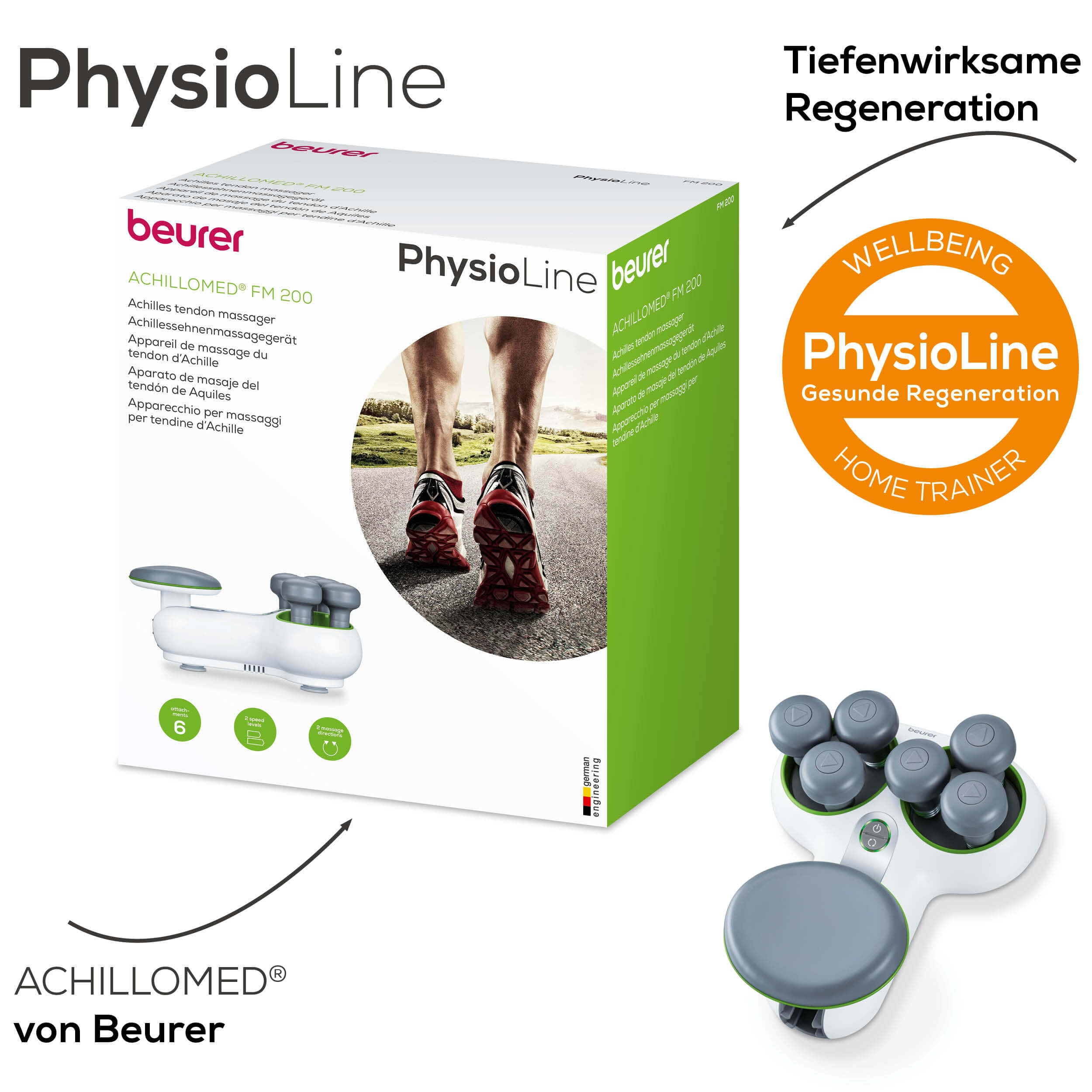 Box mit Achillessehnen-Massagegerät und Zusatzgerät, mit Manns Beinen, die auf der Box laufen.