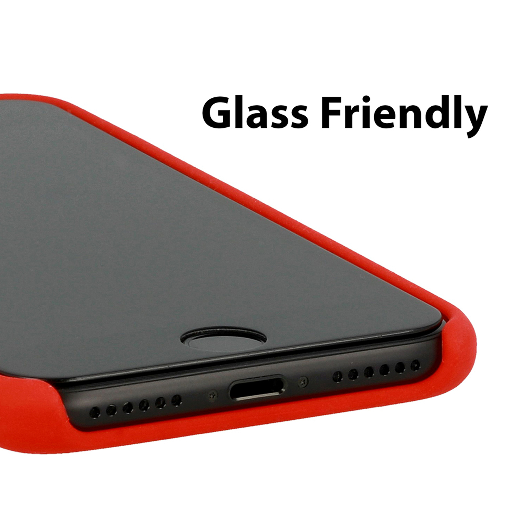 Schwarzes Telefon in roter Hülle. Text: 'Glass Friendly'.